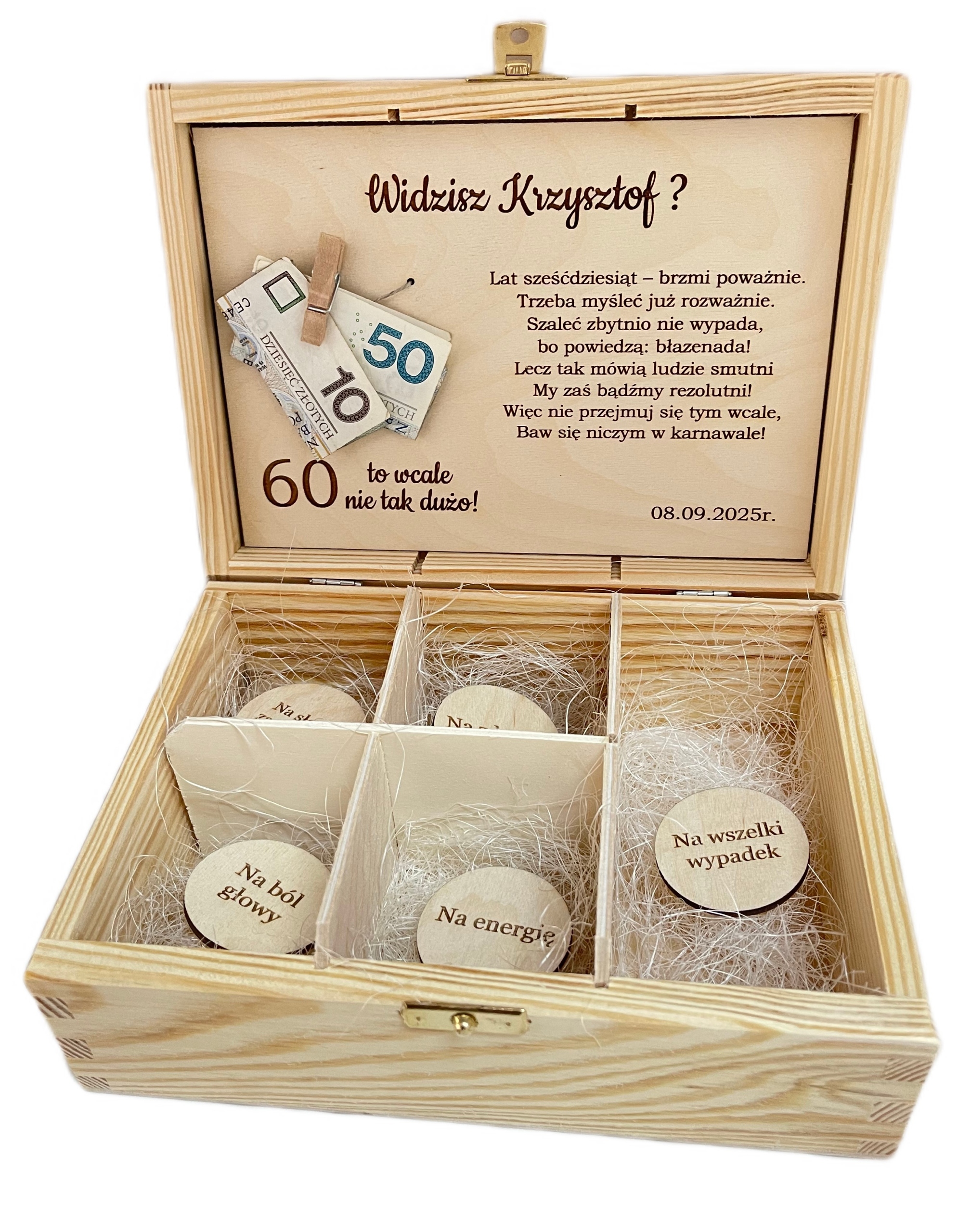 Dřevěná krabička nezbytností k 60. narozeninám dárek s gravírováním