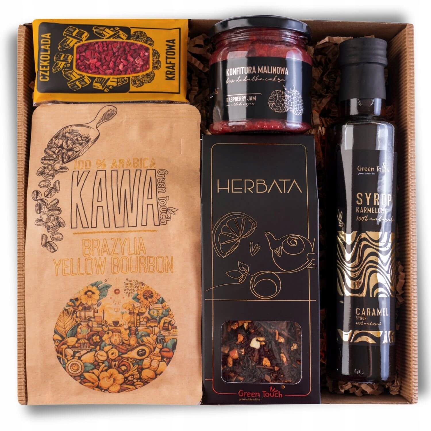 Zestaw Prezentowy herbata kawa syrop karmelowy konfitura malinowa czekolada