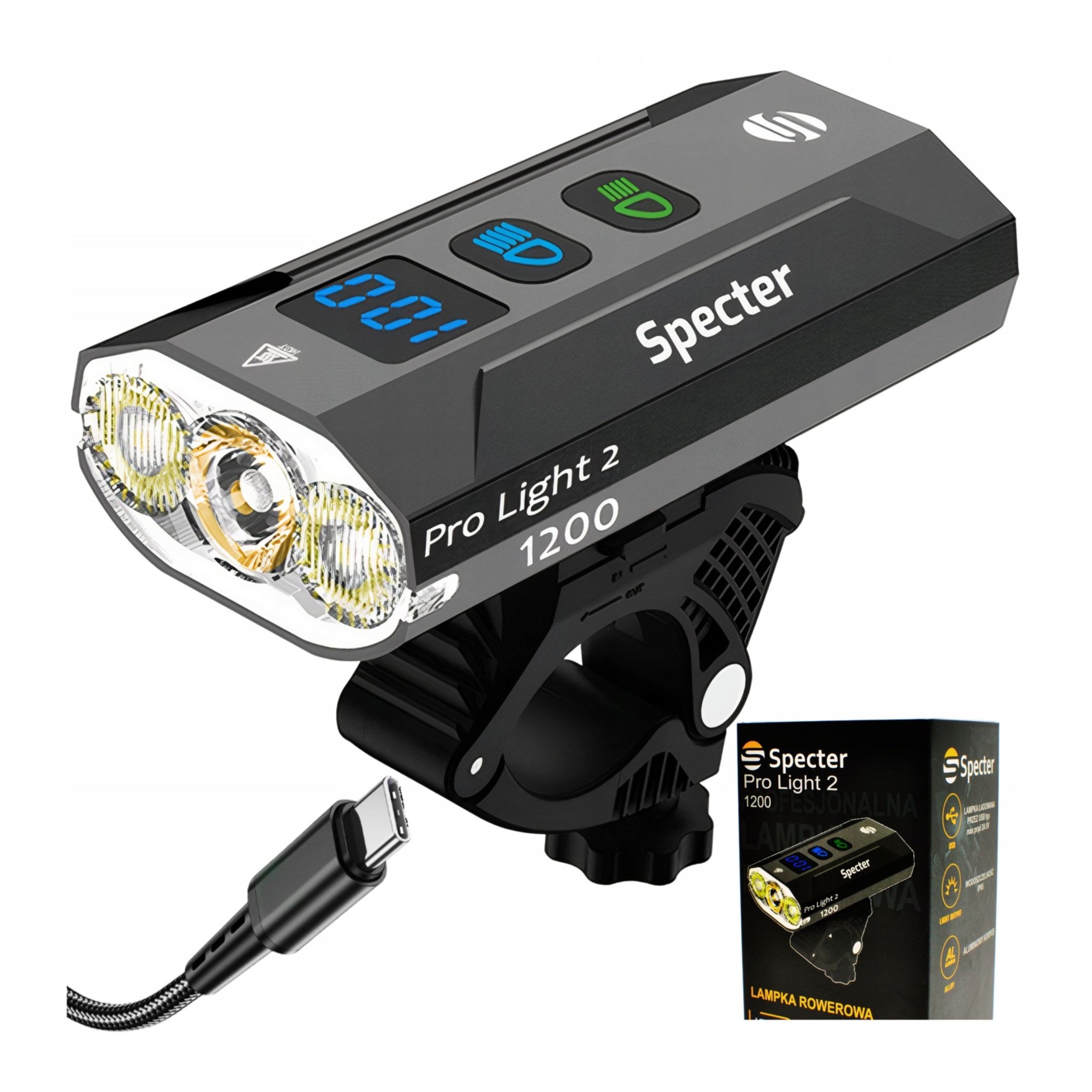 Lampka Rowerowa Pro Light 2 Usb 1200LM Powerbank IPX65 13 Trybów Led