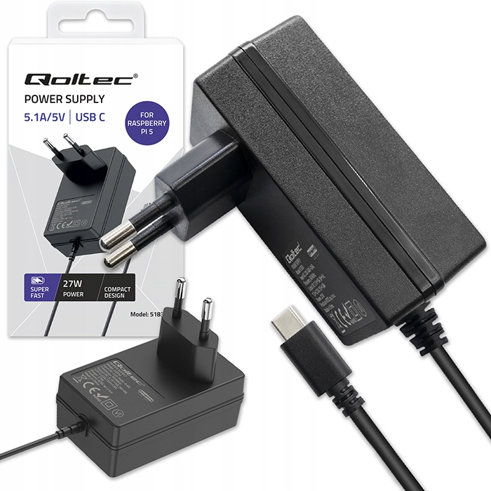 Ładowarka Super FAST PD do Raspberry PI 5 USB-C 27W 5.1V 5A Czarna