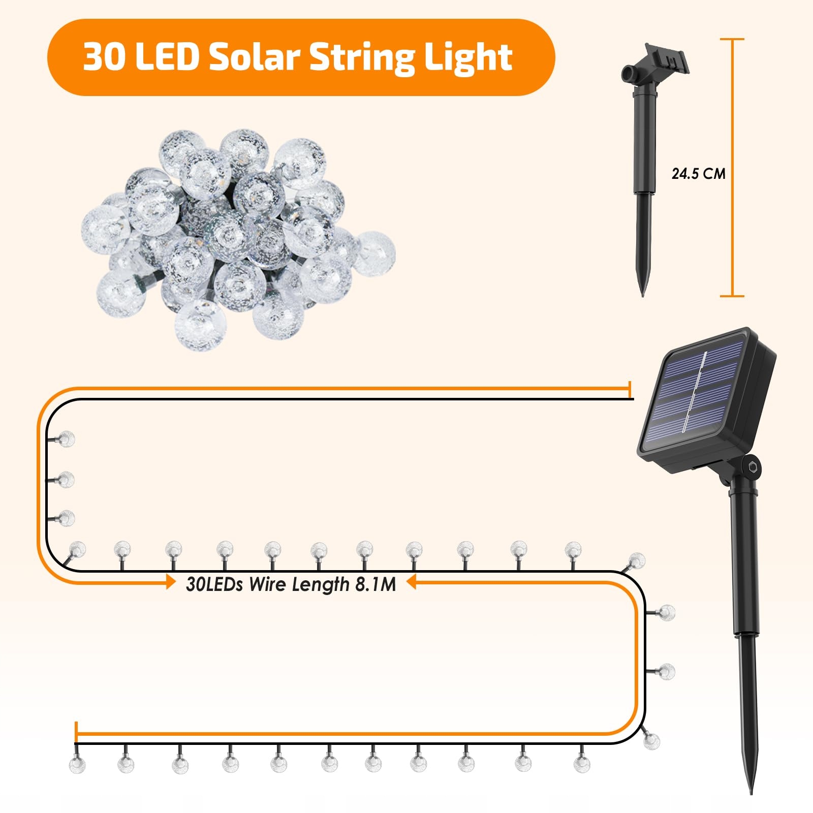 SOLAR Łańcuch Zewnetrzny 30 LED 81M IP65 Balkon Ogrod Swieta — miniatura 7