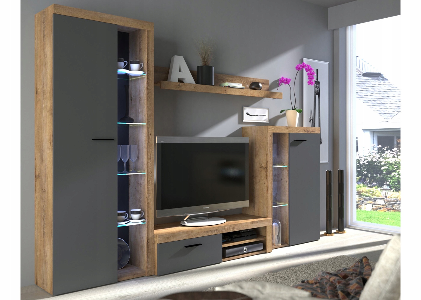 Meblościanka Rumb Grafit +Dąb Lefkas