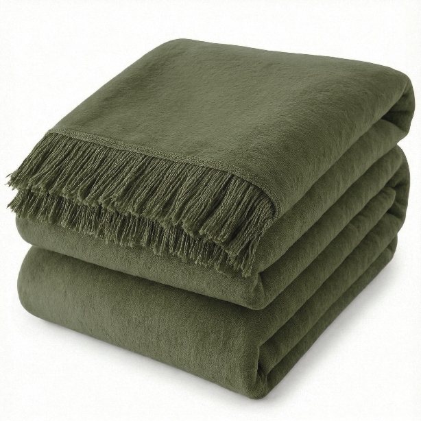 Koc Narzuta Moca Design 150x200 Bawełna Akryl Frędzle Pled Ciemna Oliwka