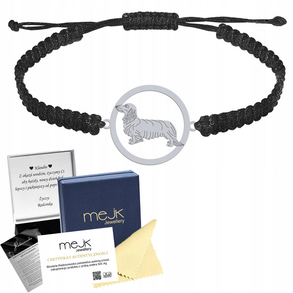 Stříbrný náramek s jezevčíkem dlouhosrstým 925 Makramé Dárek Žena Gravírování