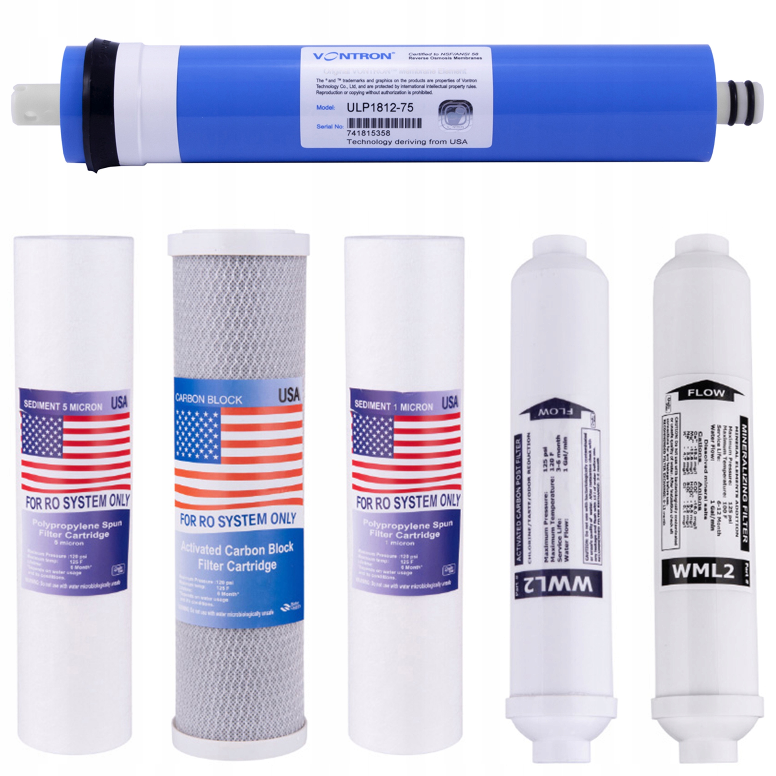 Komplet Wkładów Do filtrów RO6/RO7 z Membraną Vontron 75 Gpd Osmoza Minerał