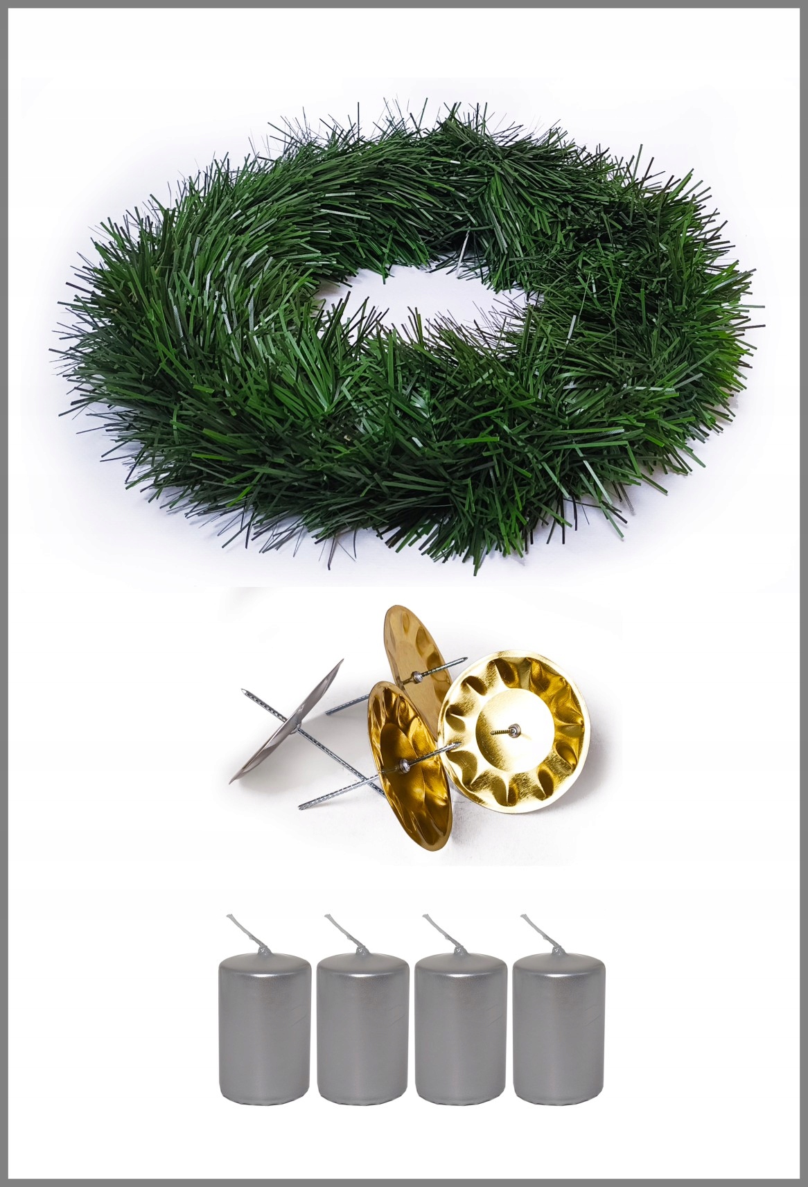 Zestaw do zrobienia wieńca adwentowego, srebrne świece, wieniec, podstawki