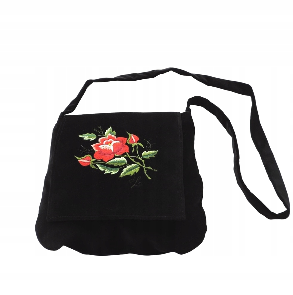 Černá Kabelka Přes Rameno Folk Lovecká Výšivka Červená Růže Samet