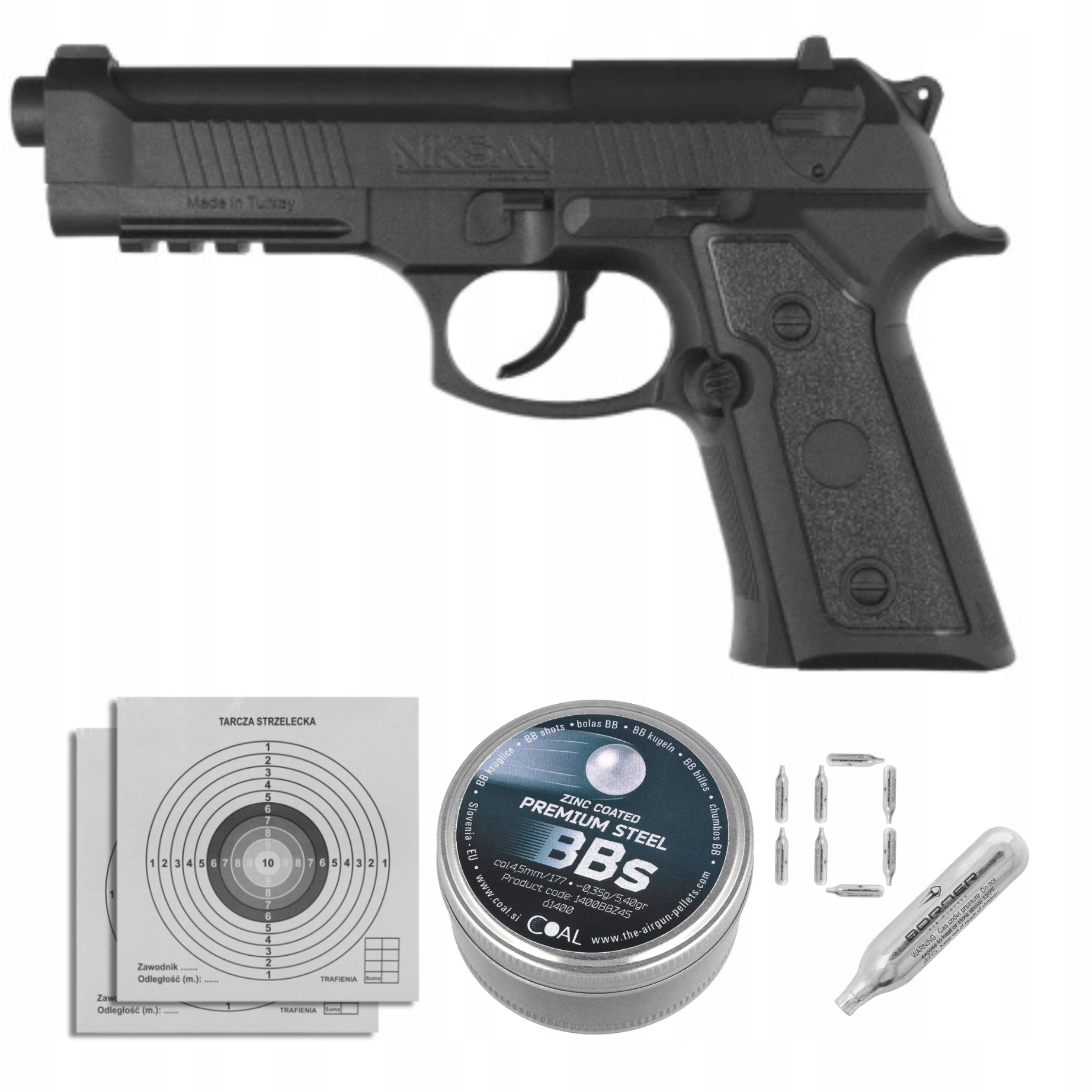 Pistolet wiatrówka Niksan Defence Nks CP92 Black 4.5 mm z co2 śrutem tarcze