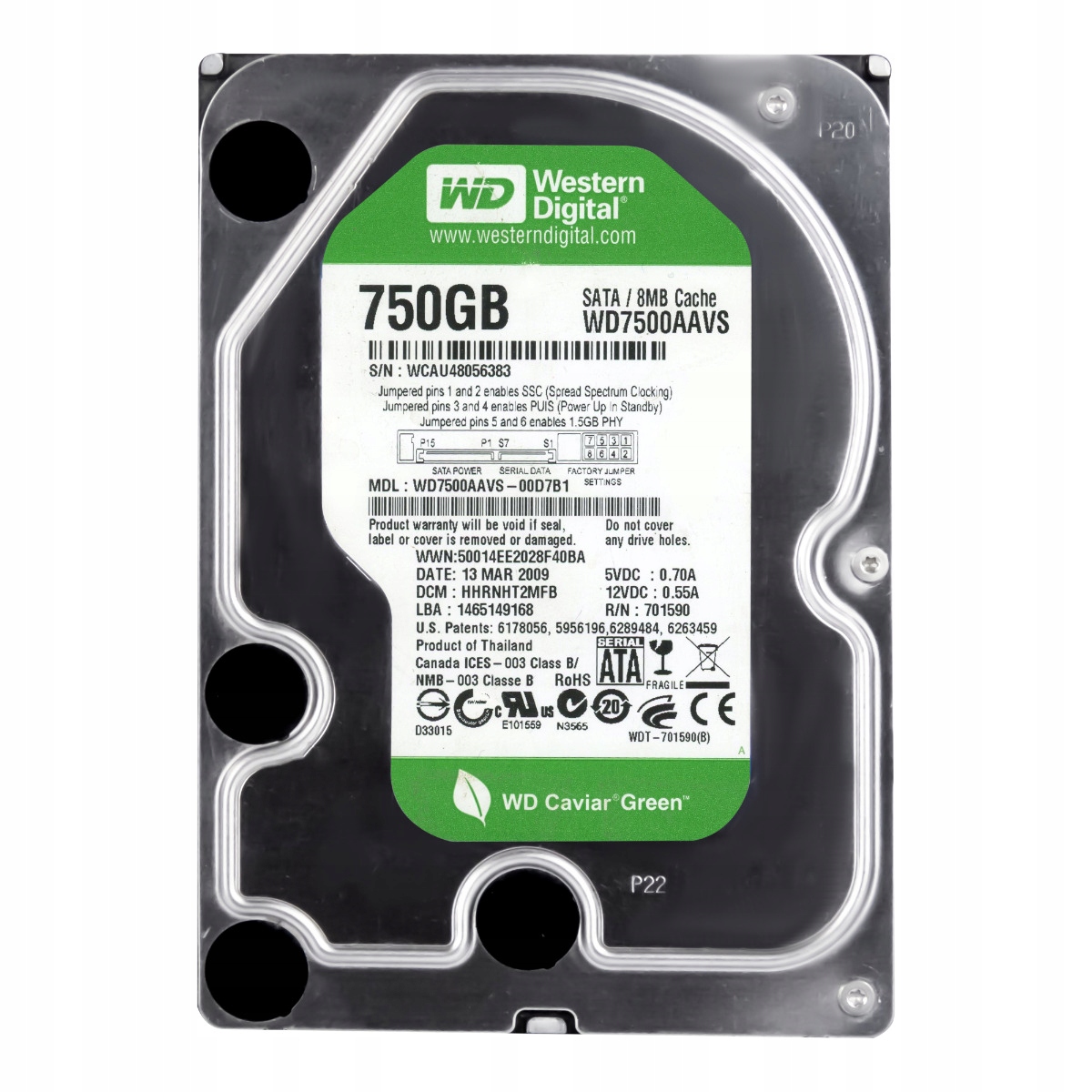 Wd Green 750GB 7.2K 8MB Sata II 3.5'' WD7500AAVS