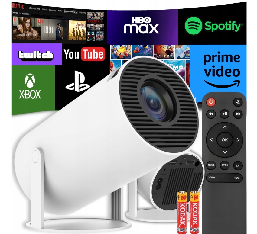 PROJEKTOR RZUTNIK ANDROID TV WIFI FULL HD PRZENOŚNY SMART GŁOŚNIK OBROTOWY