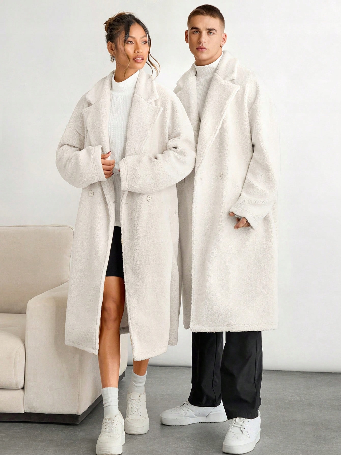 Oversize Kabát Krémový Dlouhý Teddy Dvouřadý Zimní Límec Shein