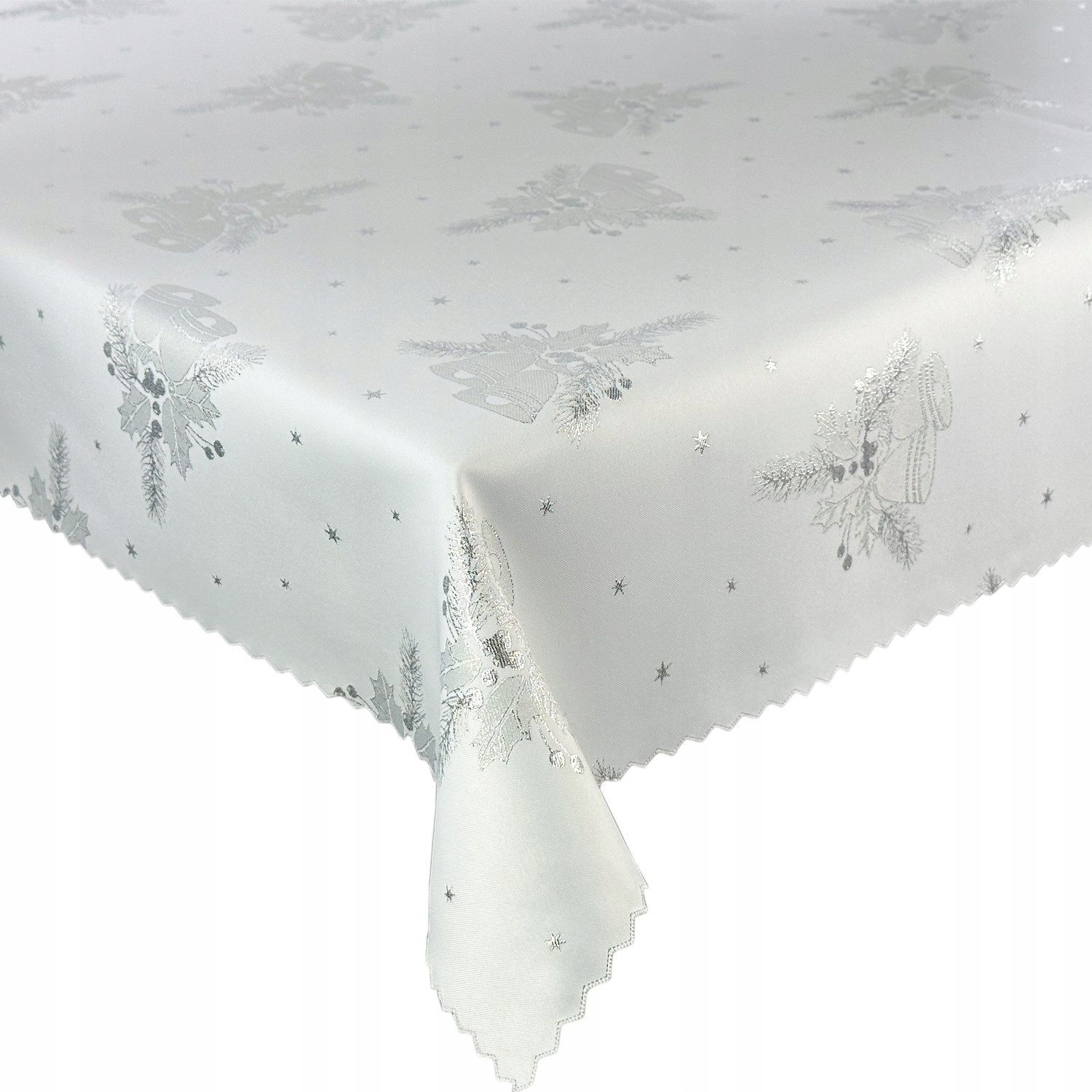 Dvoustranný ubrus odolný proti skvrnám, vánoční, bílý, stříbrný, zvonky 160 x 240 cm
