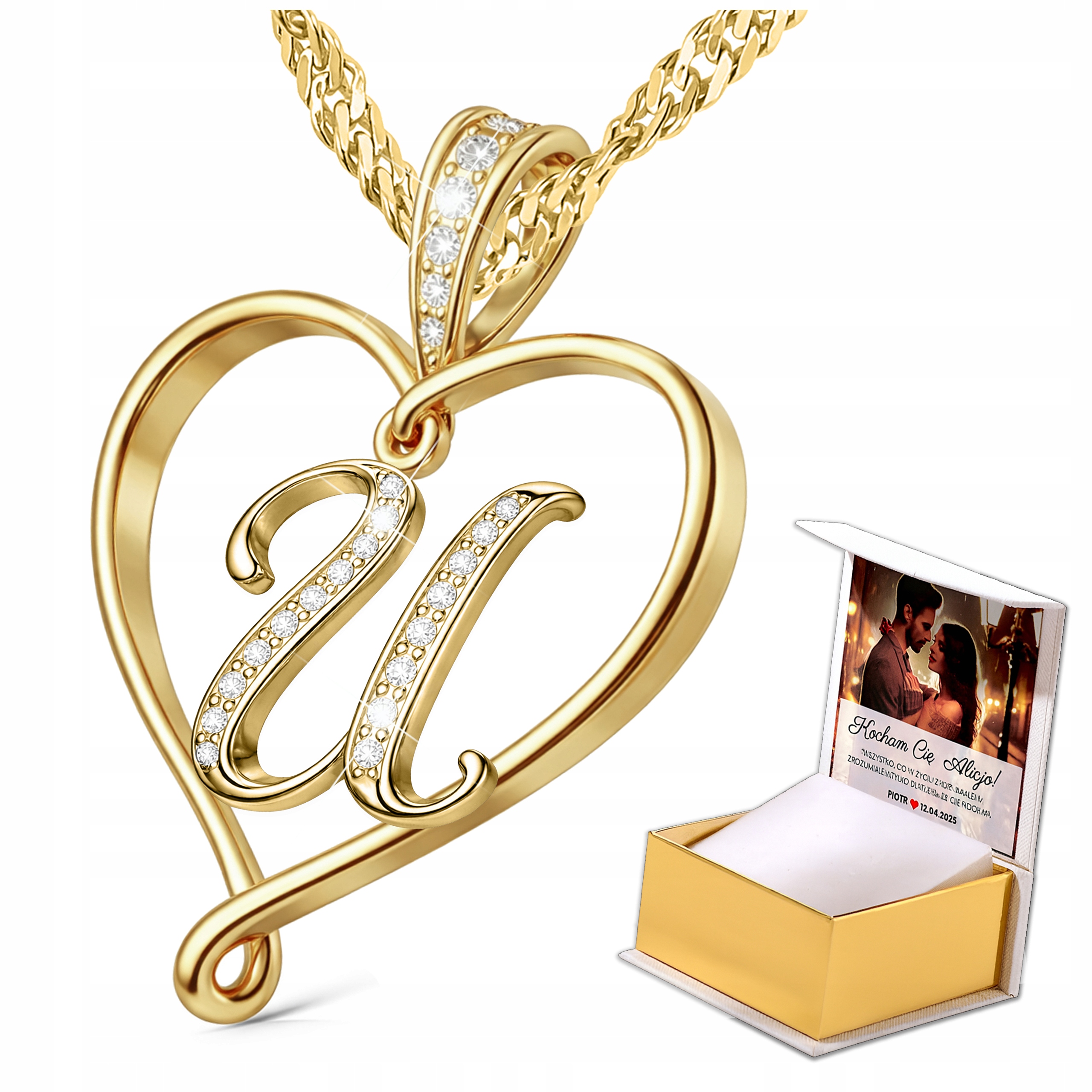 Zlatý náhrdelník s písmenem písmenka srdce s krystaly Stříbro Potisk