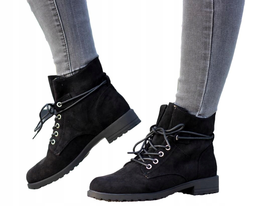 

Czarne Płaskie Botki Damskie Trzewiki Ocieplane