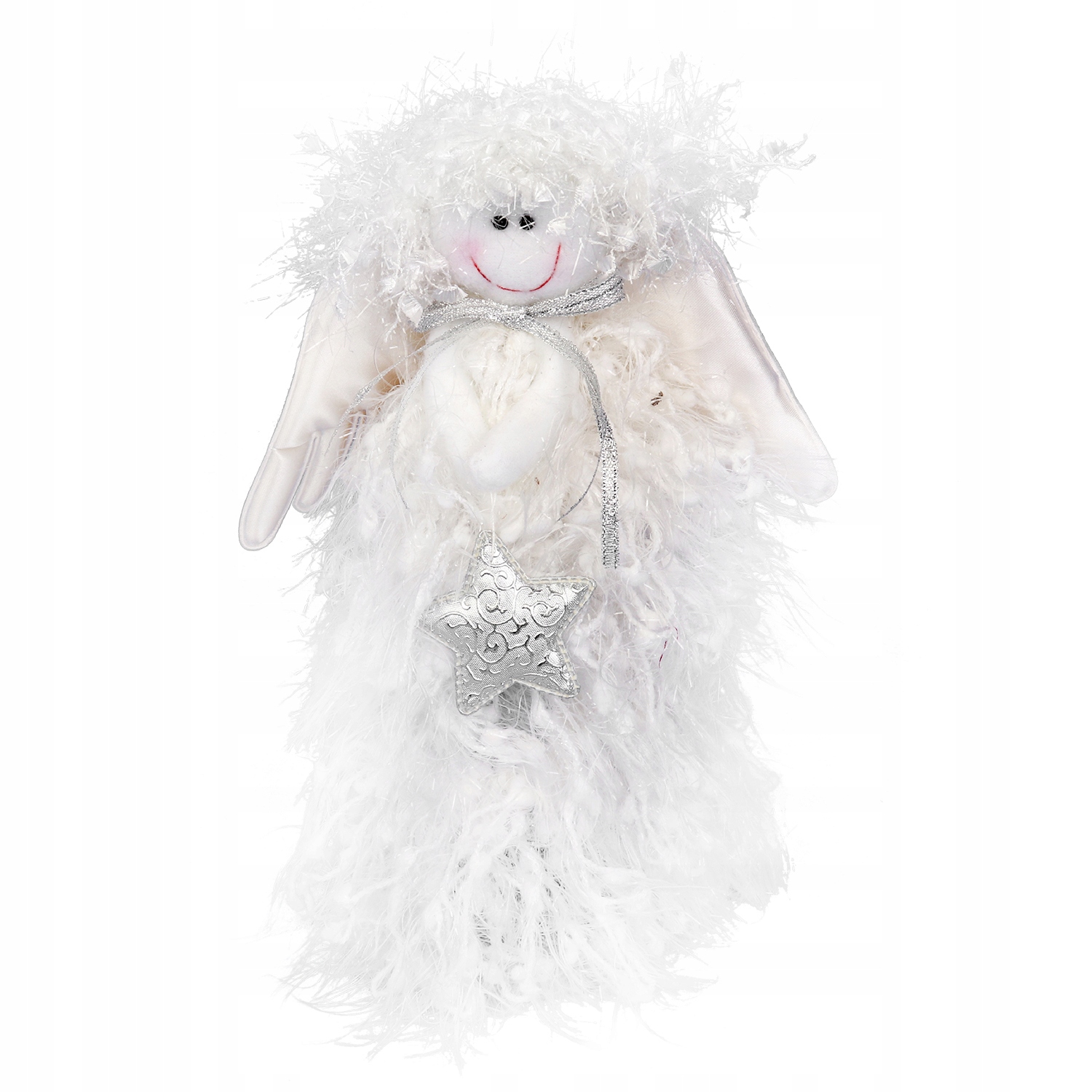 ANIOŁ FIGURKA Z WŁÓCZKI ZE SREBRNĄ GWIAZDĄ 25 CM OZDOBA ŚWIĄTECZNA