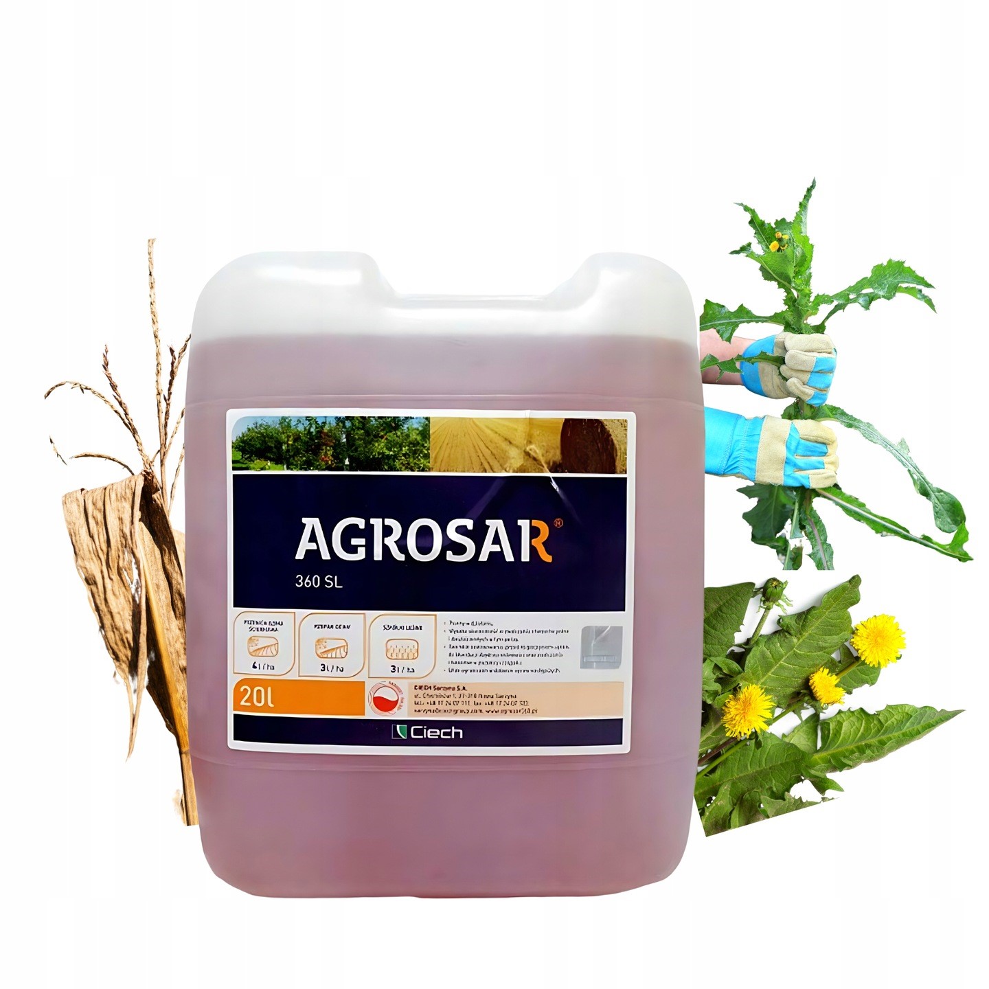 Agrosar 360 Sl 20L glifosat 360g/l, niszczy wszystkie chwasty perz, totalny