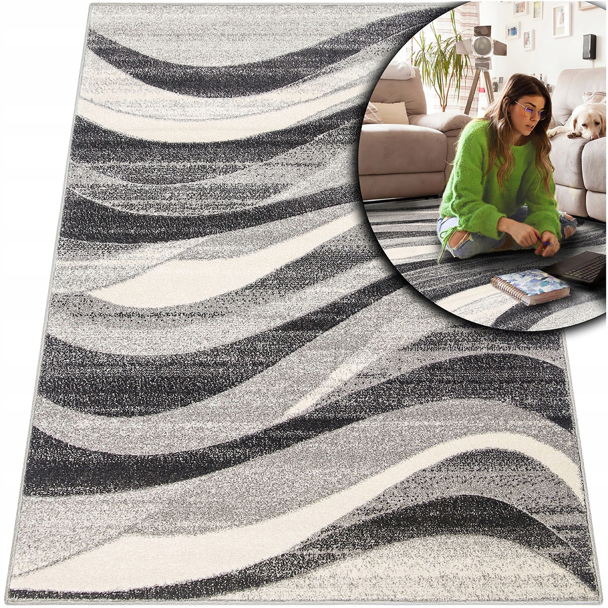 Koberec Do Obývacího Pokoje Romantic Béžový Černý Vlny 3D Moderní Fryz 160x230