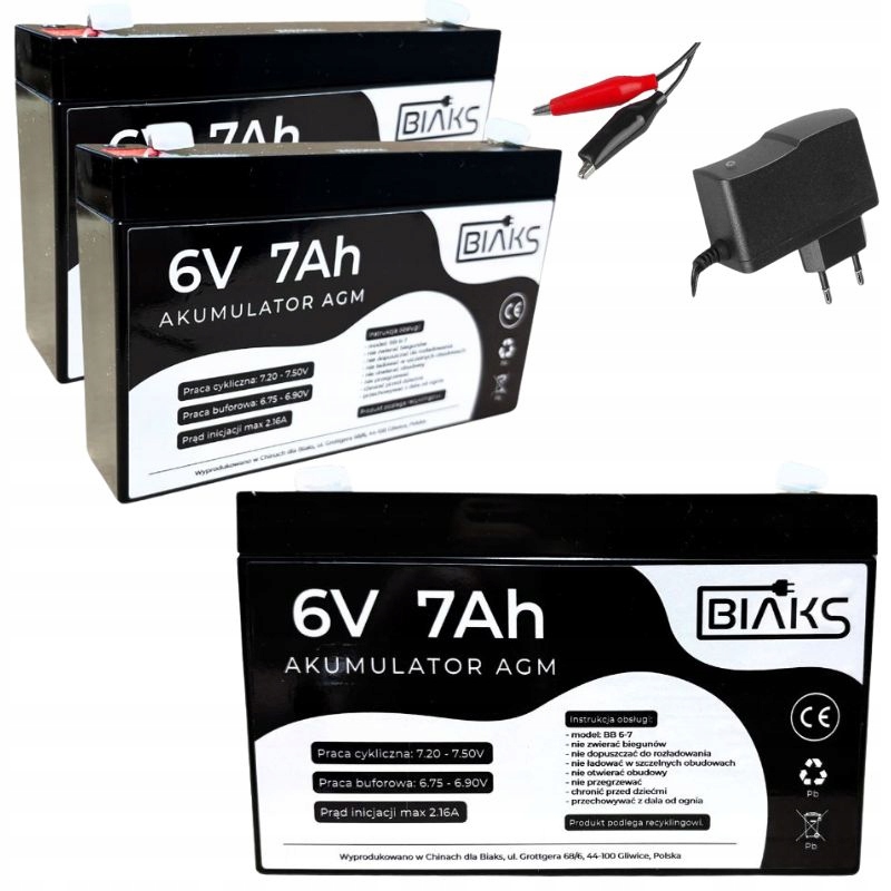 2x Akumulátor Agm 6V 7Ah Biaks (rozměr 7.2Ah) kompletní s nabíječkou 6V Pw Ups