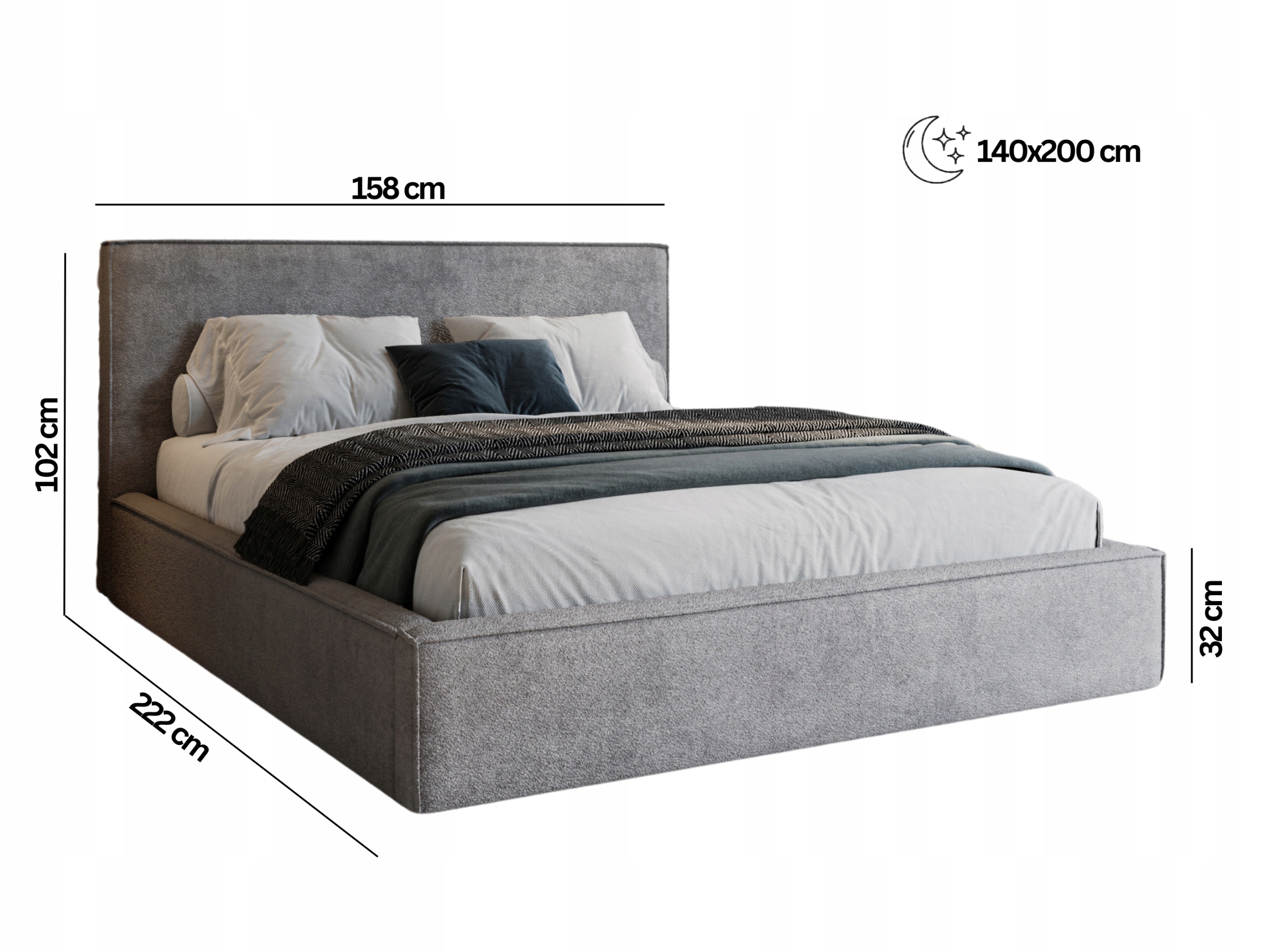 Łóżko do sypialni pojemnik stelaż metalowy kremowe 140x200 Zanzi Szerokość mebla 158 cm