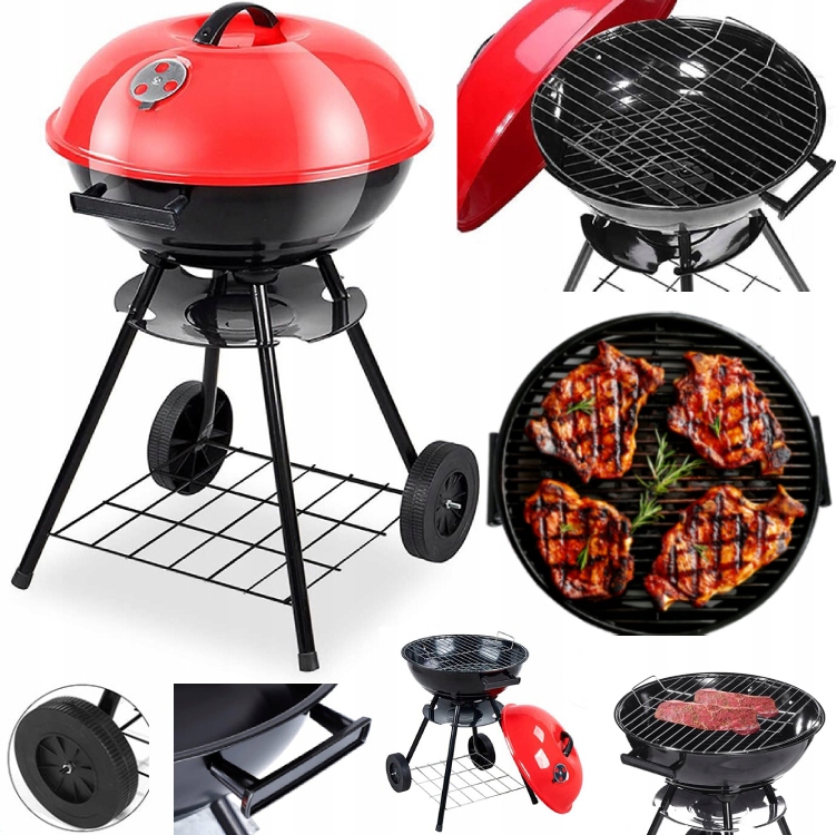 Grill Węglowy Bbq Ogrodowy Brykiet Zamykany na Kółkach Pokrywa Półka Ruszt