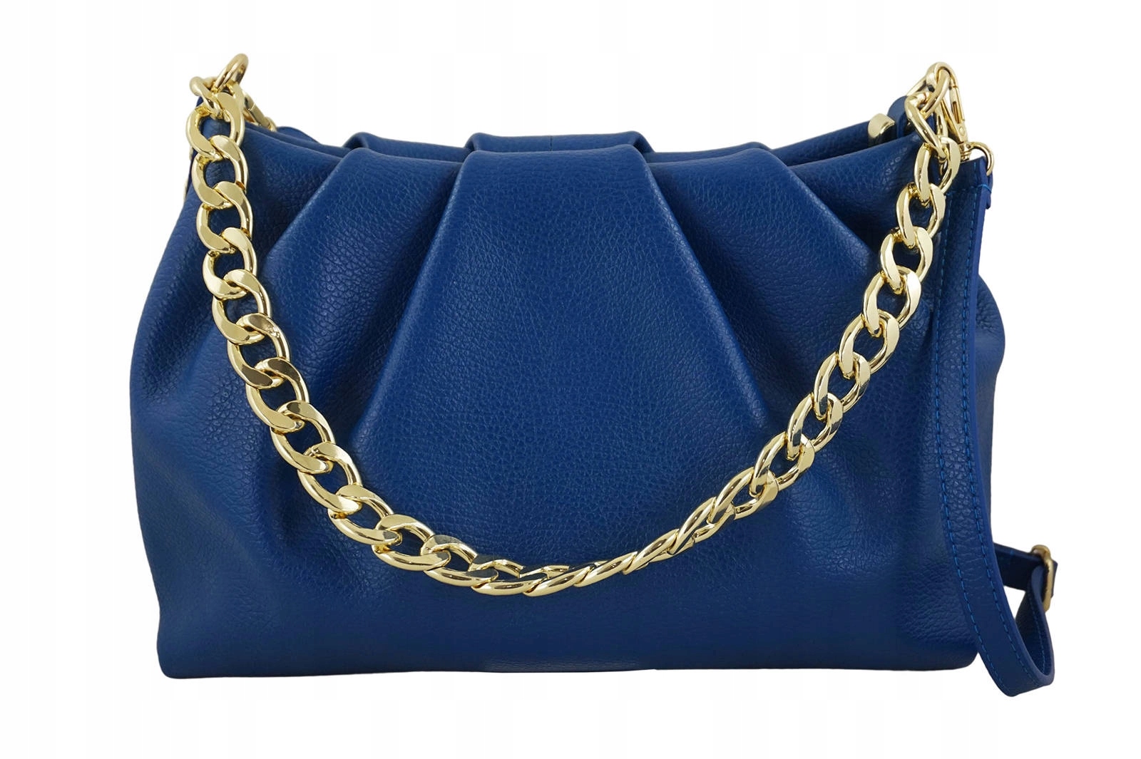 Nařasená dámská kožená kabelka s řetízkem modrá chrpová