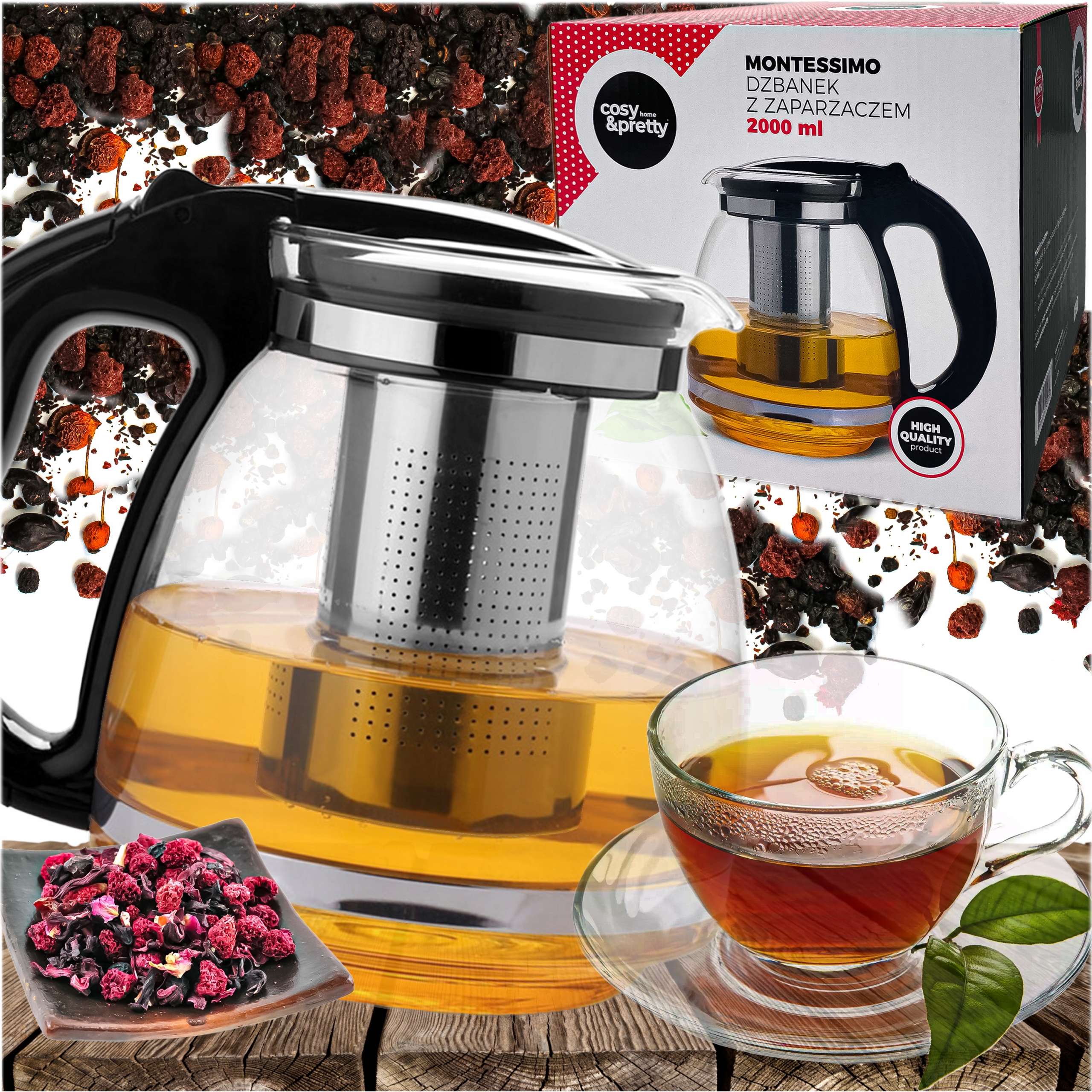 Dzbanek 2l Szklany z Zaparzaczem do Kawy Herbaty DUŻY ZAPARZACZ Czajnik