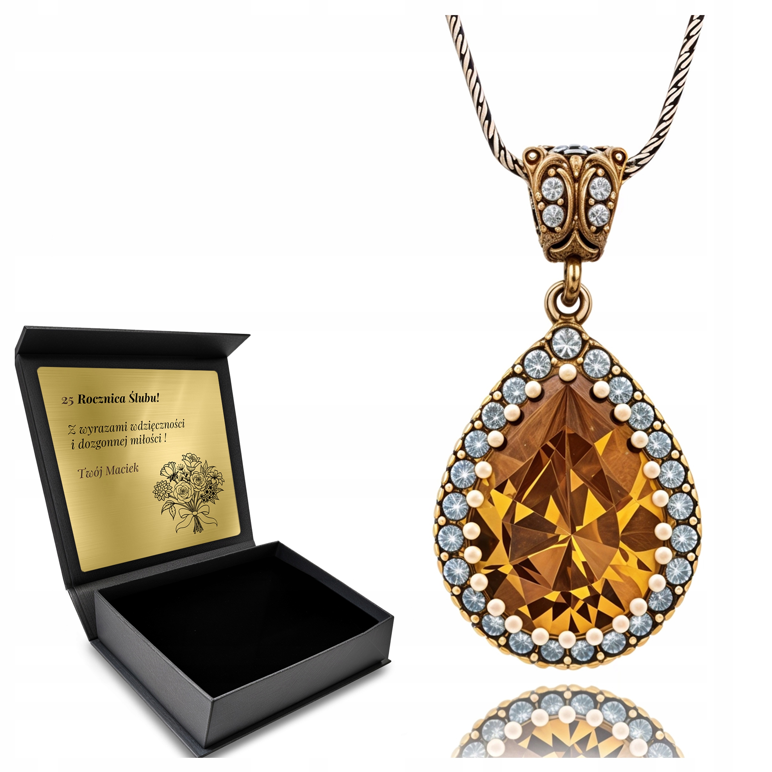 Stříbrný Náhrdelník 925 S Zirkony A Citronem pro ženy Gravírování Bonus