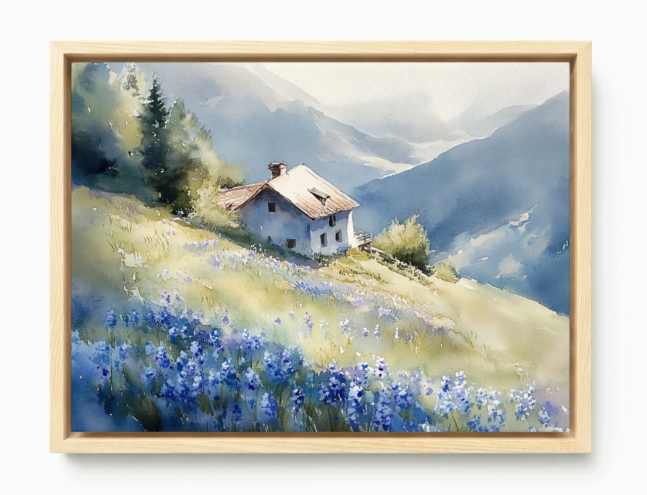 Obraz Rám American Box Pejzaž Hory Domček Terasa Pohľad Lúka Kvety 80x60