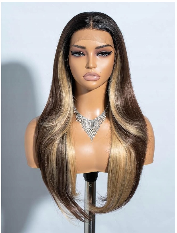 Joedir Paruka Dlouhé Rovné 70 cm Syntetická Paruka Ombre, Hnědá s Blondem