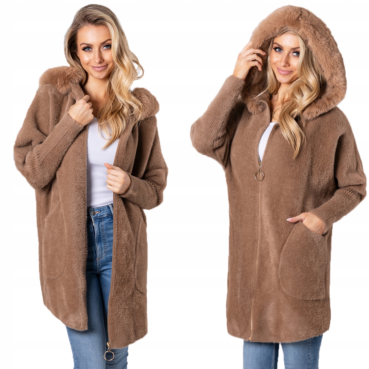 Nadýchaná Alpaka Kabát Kapuce s kožešinou Měkký, teplý, dámský Camel