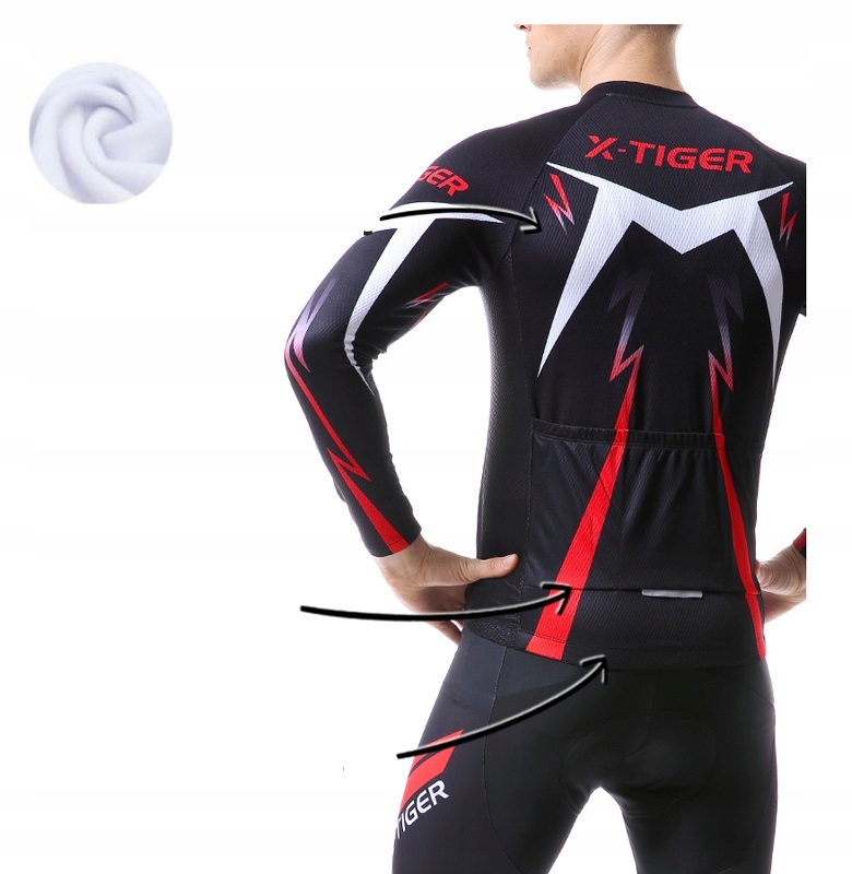 SPODNIE ROWEROWE BLUZA OCIEPLANY KOMPLET MĘSKI Z WKŁADKĄ ŻELOWĄ X-TIGER Materiał dominujący poliester