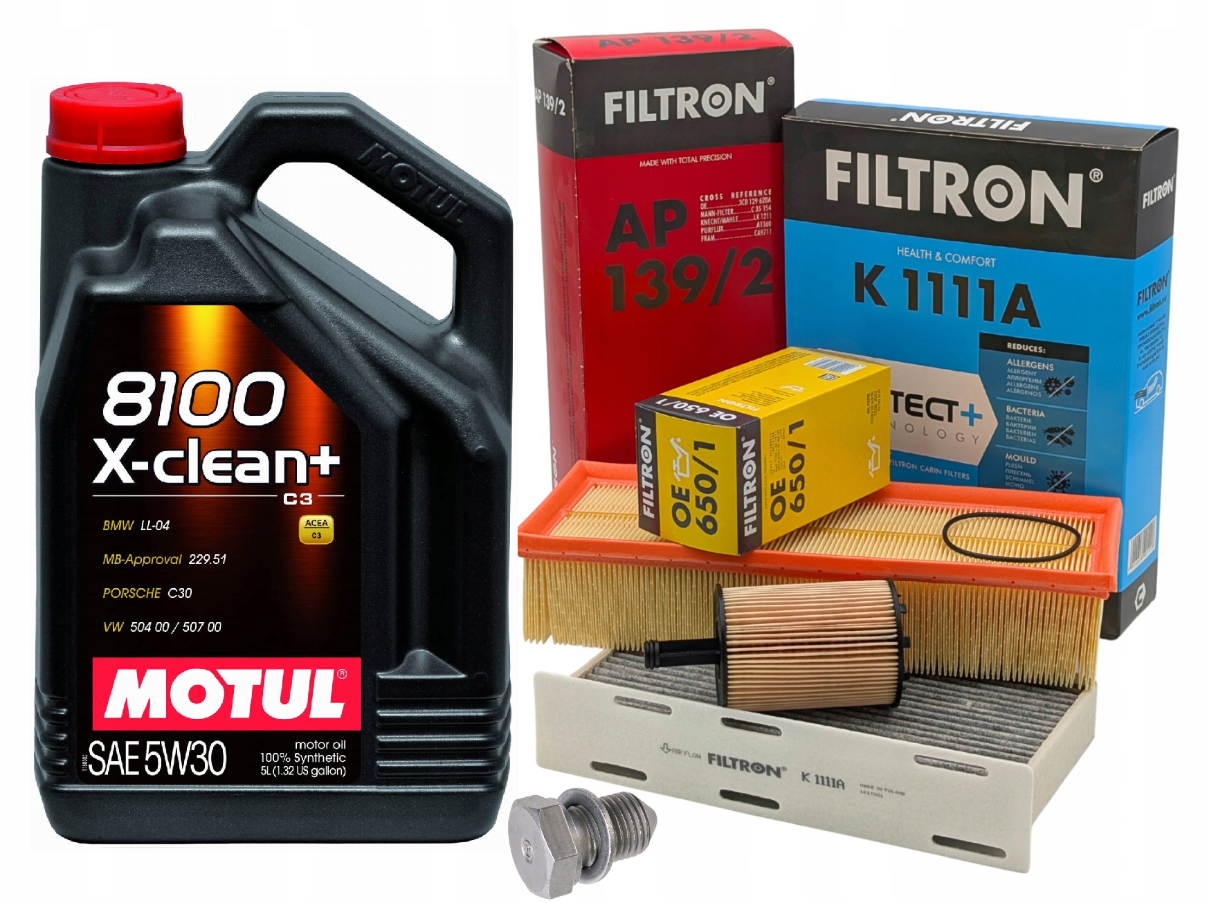 Sada 3 filtrů Filtron Audi Vw Seat Škoda 1.9 Tdi 2.0 Tdi Motul 5W30 5L