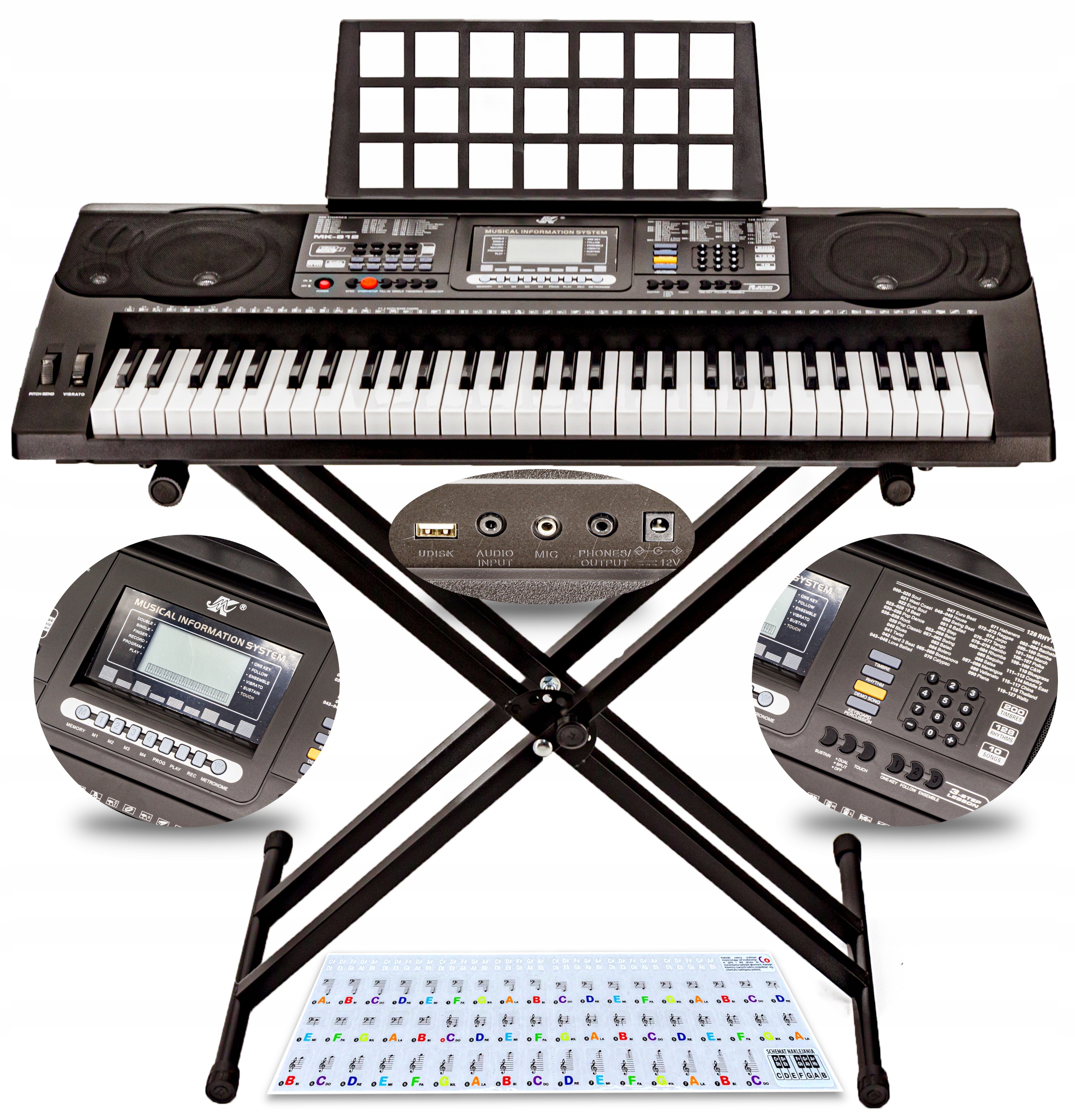Keyboard Organy Pianino Meike MK-812 61 keyboard Naklejki Podwójny Statyw