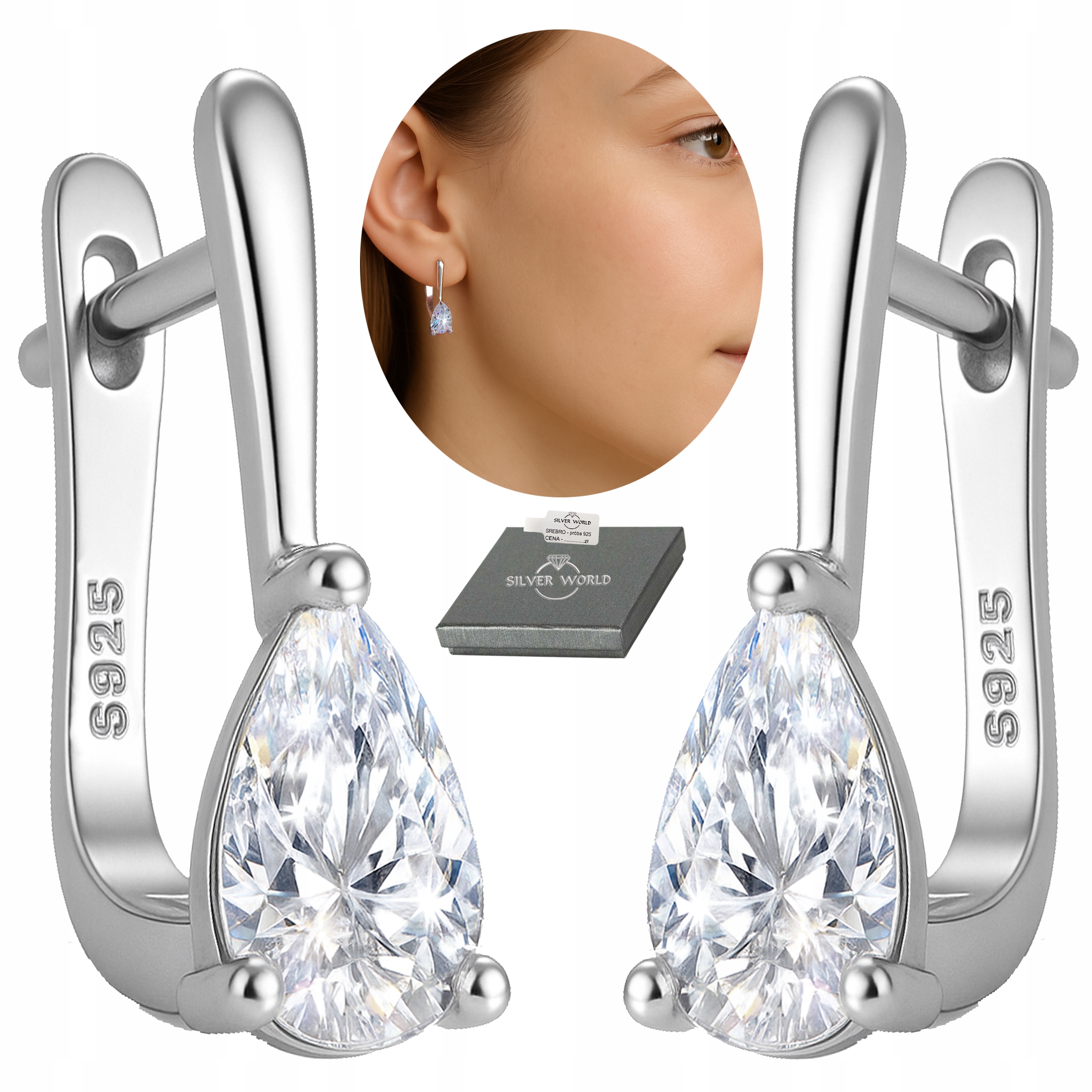 Kolczyki Srebrne 925 Wiszące Krople Cyrkonie Swarovski