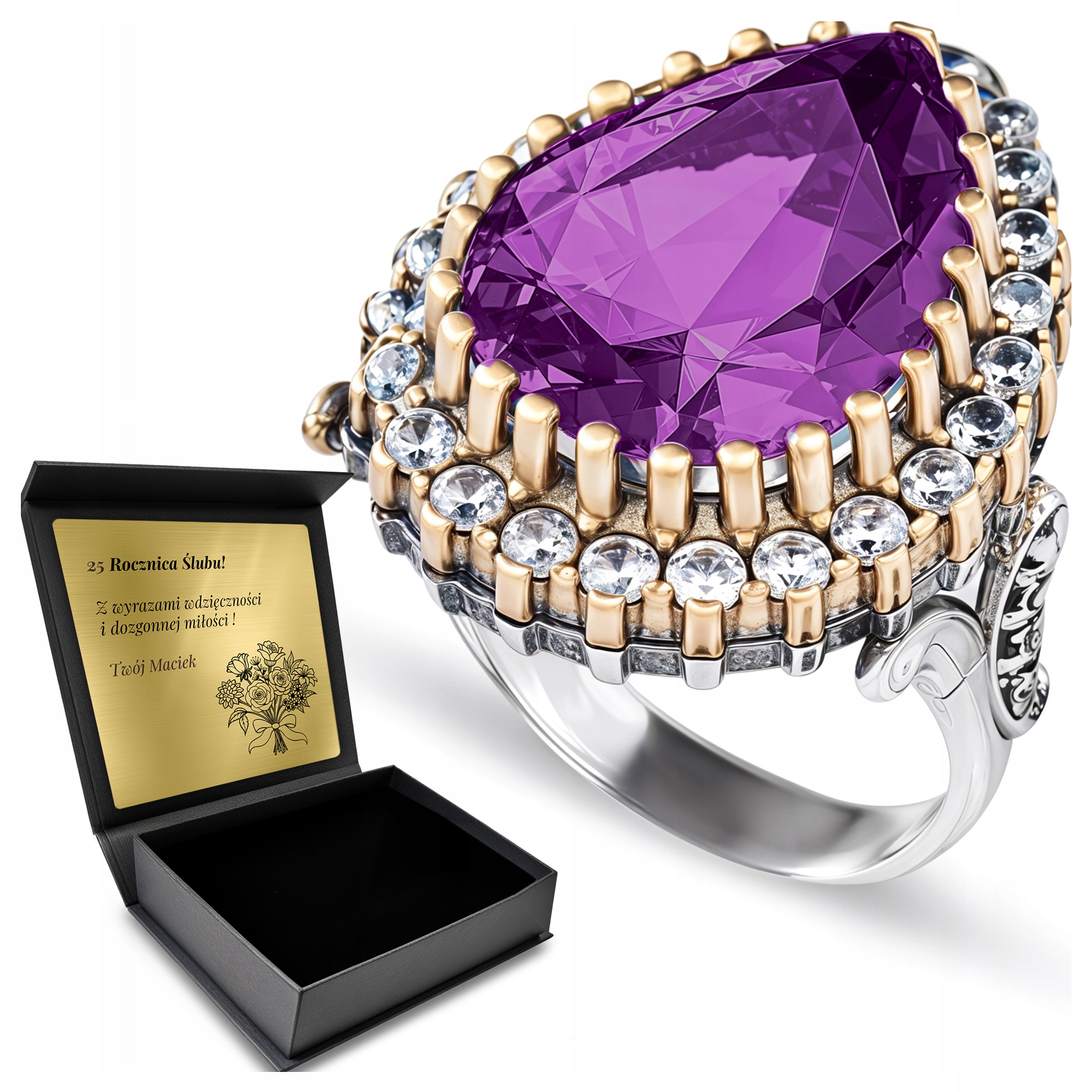 Krásný Stříbrný Prstýnek 925 Se Zirkony A Ametystem Gravírování Bonus