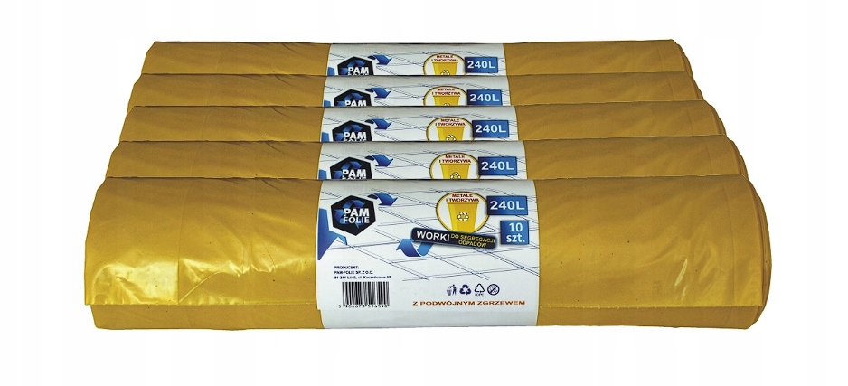 Worki na śmieci 240L żółte mocne, duże 50szt plastik metal Polski Producent
