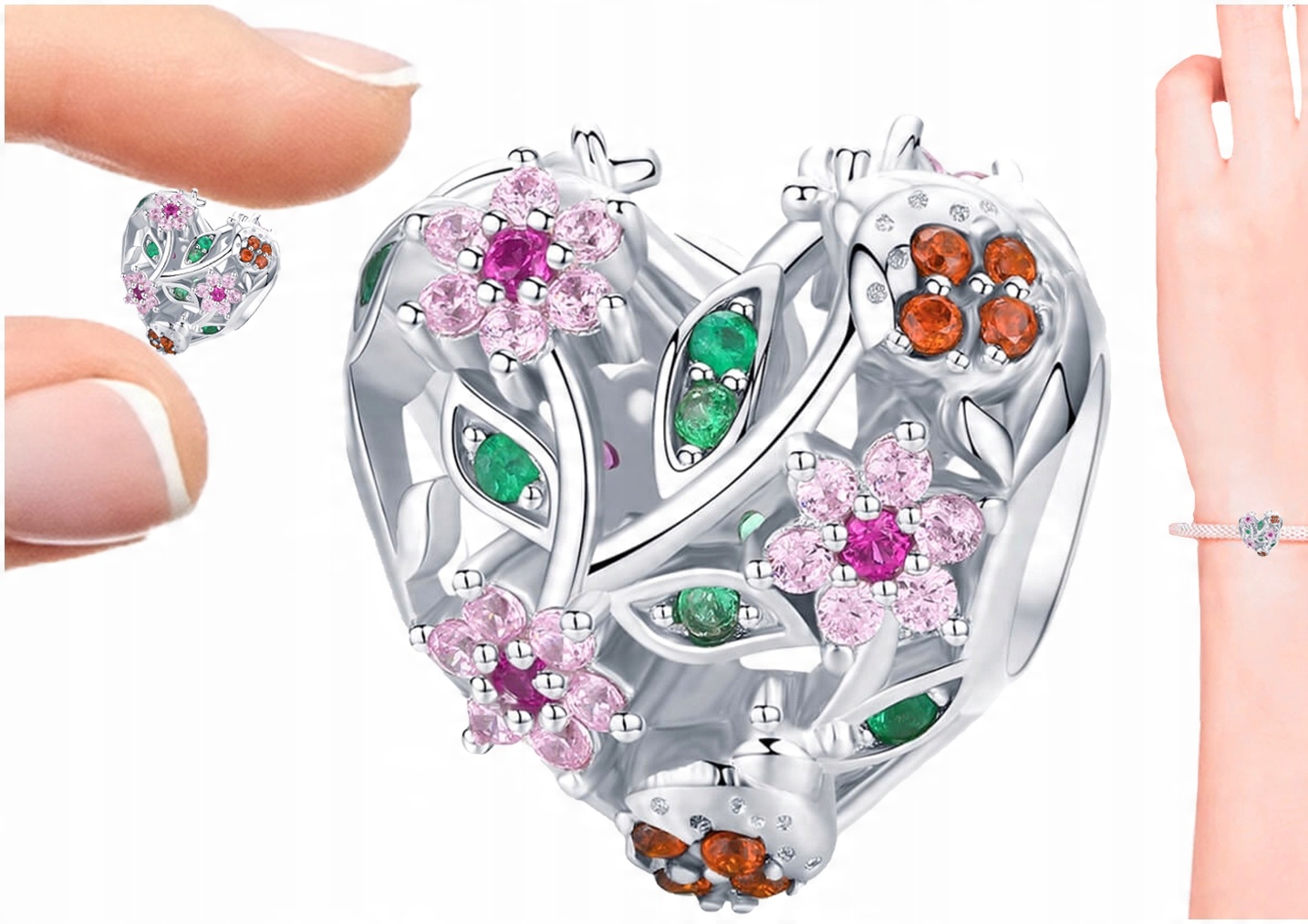 

Charms Serce Zawieszka Charms Kwiatki Srebro 925