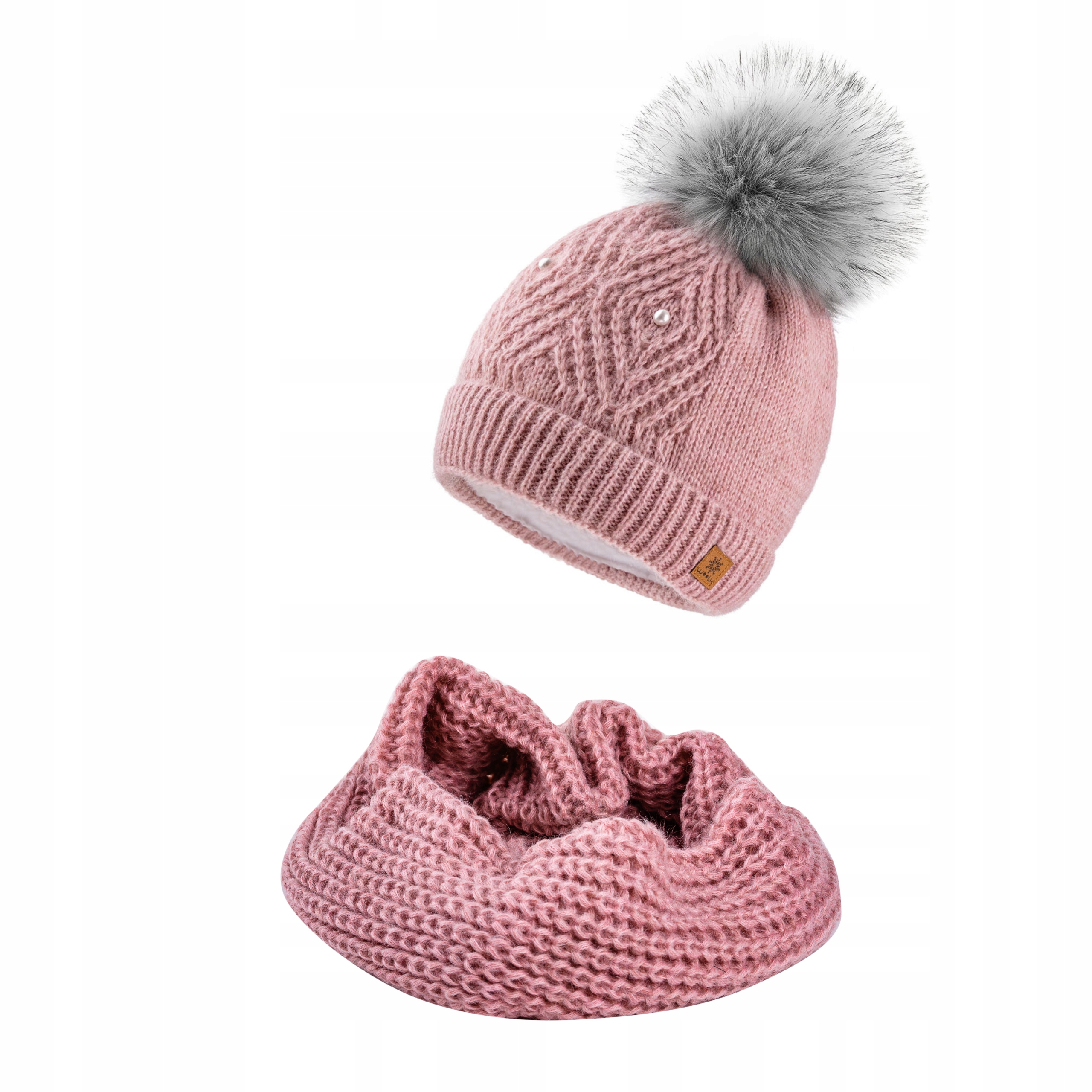 Czapka zimowa damska z perełkami + komin C. Róż