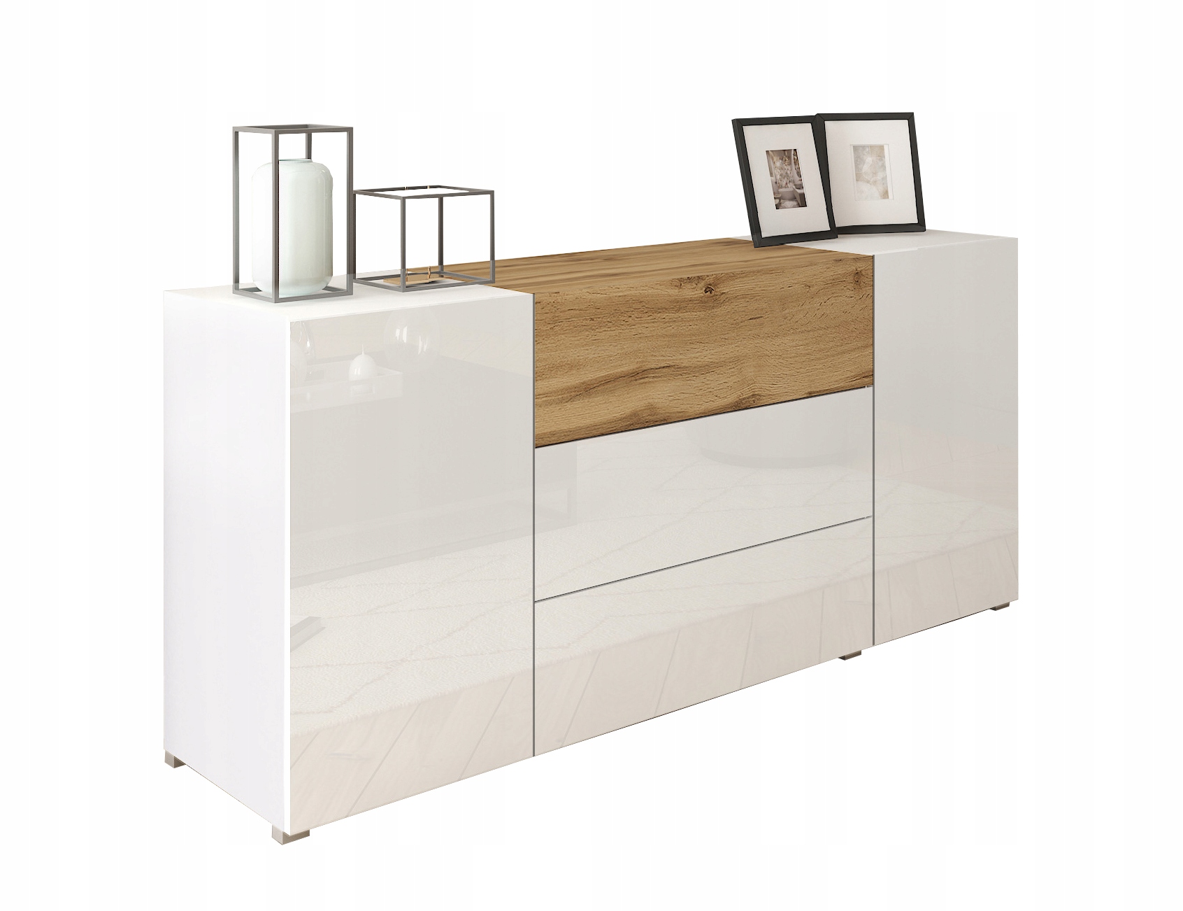 Stojící komoda 150 cm zásuvky, skříňky korpus matný čela lesklá bílá Wotan