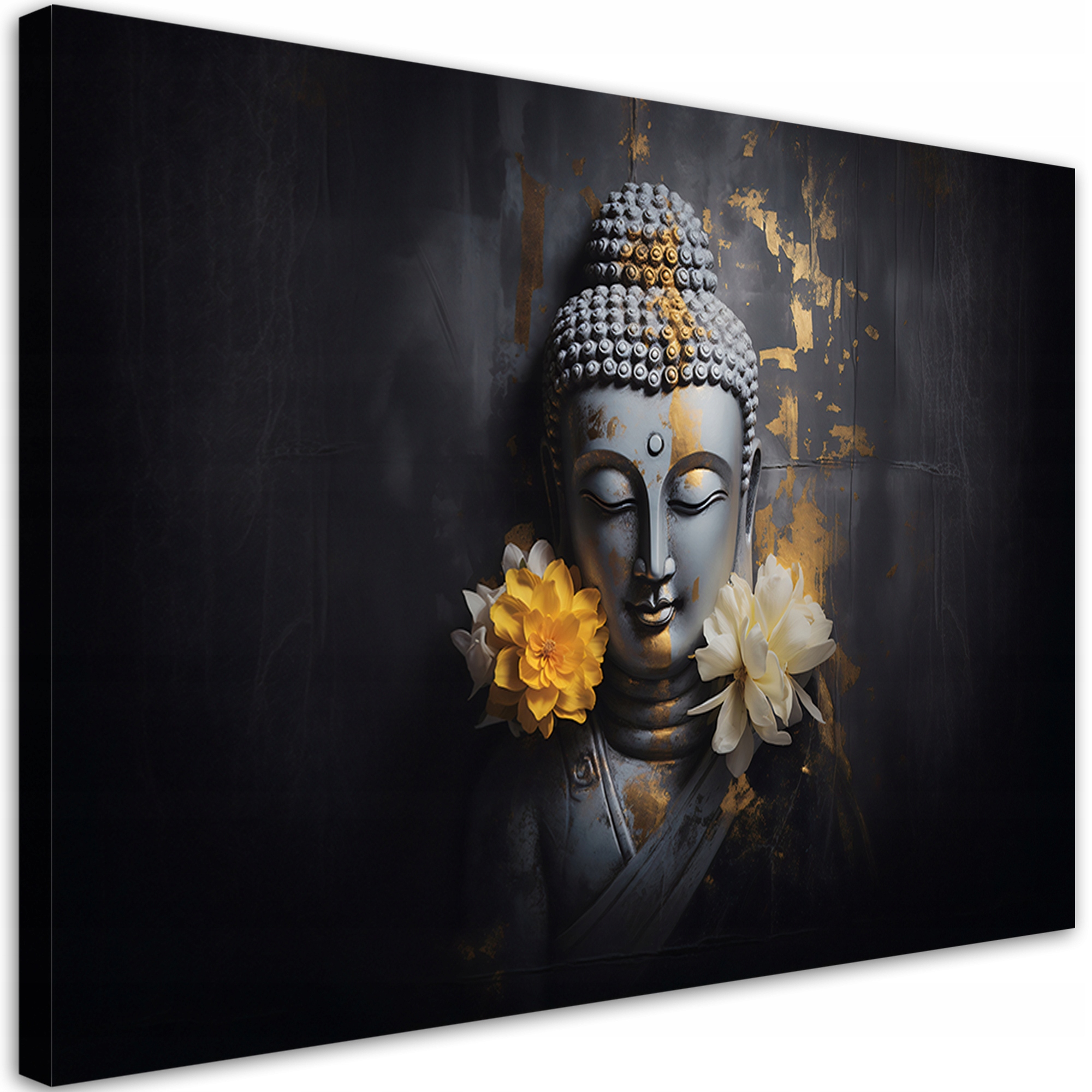 Obraz na plátne, šedý Buddha a kvety 120x80