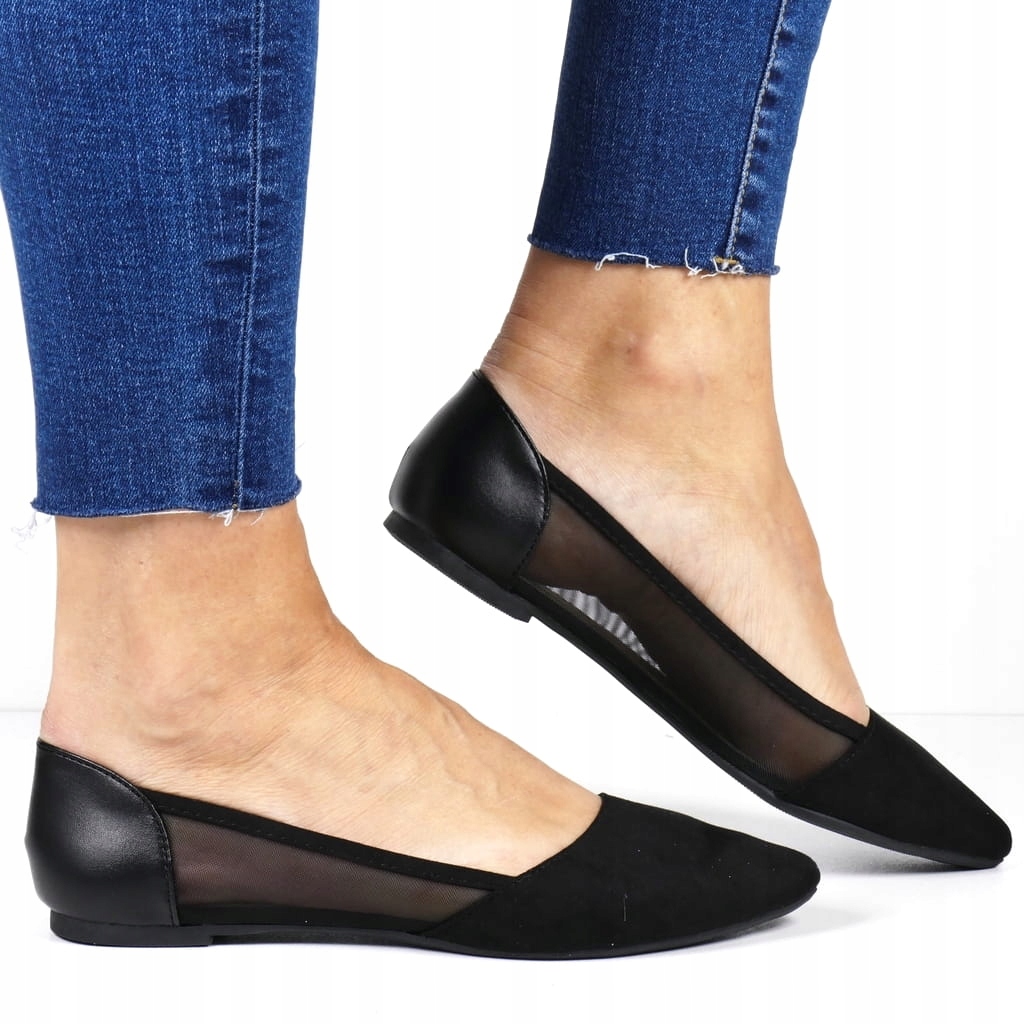 DAMSKIE BALERINY NA PŁASKIEJ PODESZWIE Z SIATECZKĄ CZARNE WYGODNE Marka Evento