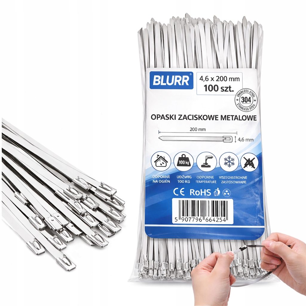 Opaski Zaciskowe Stalowe Nierdzewne Zestaw 100 szt 4.6 200 mm do Kabli