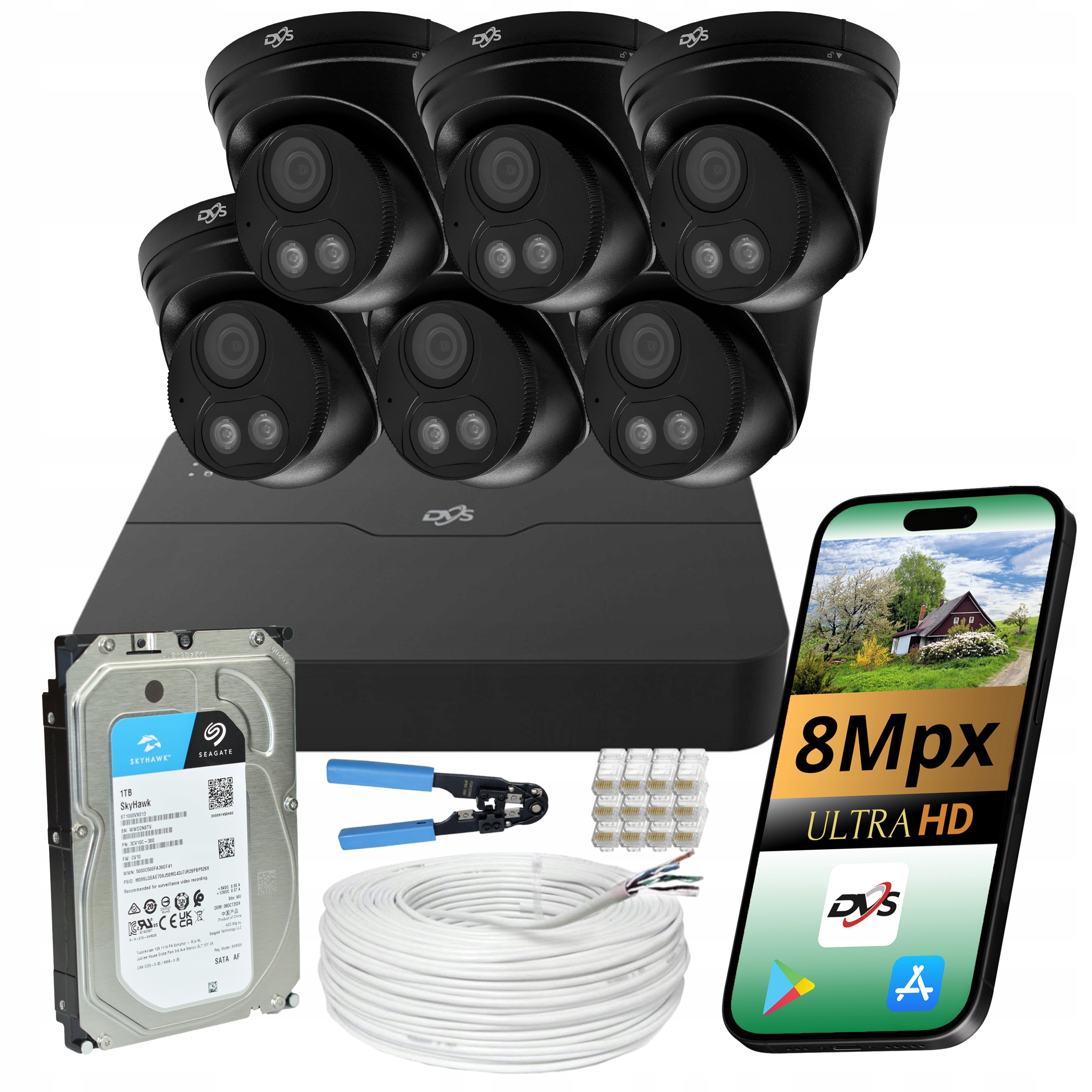 6x Ip Poe Kamera Dvs 8MPX Hybridní Set Venkovní Monitorování Disk 1TB