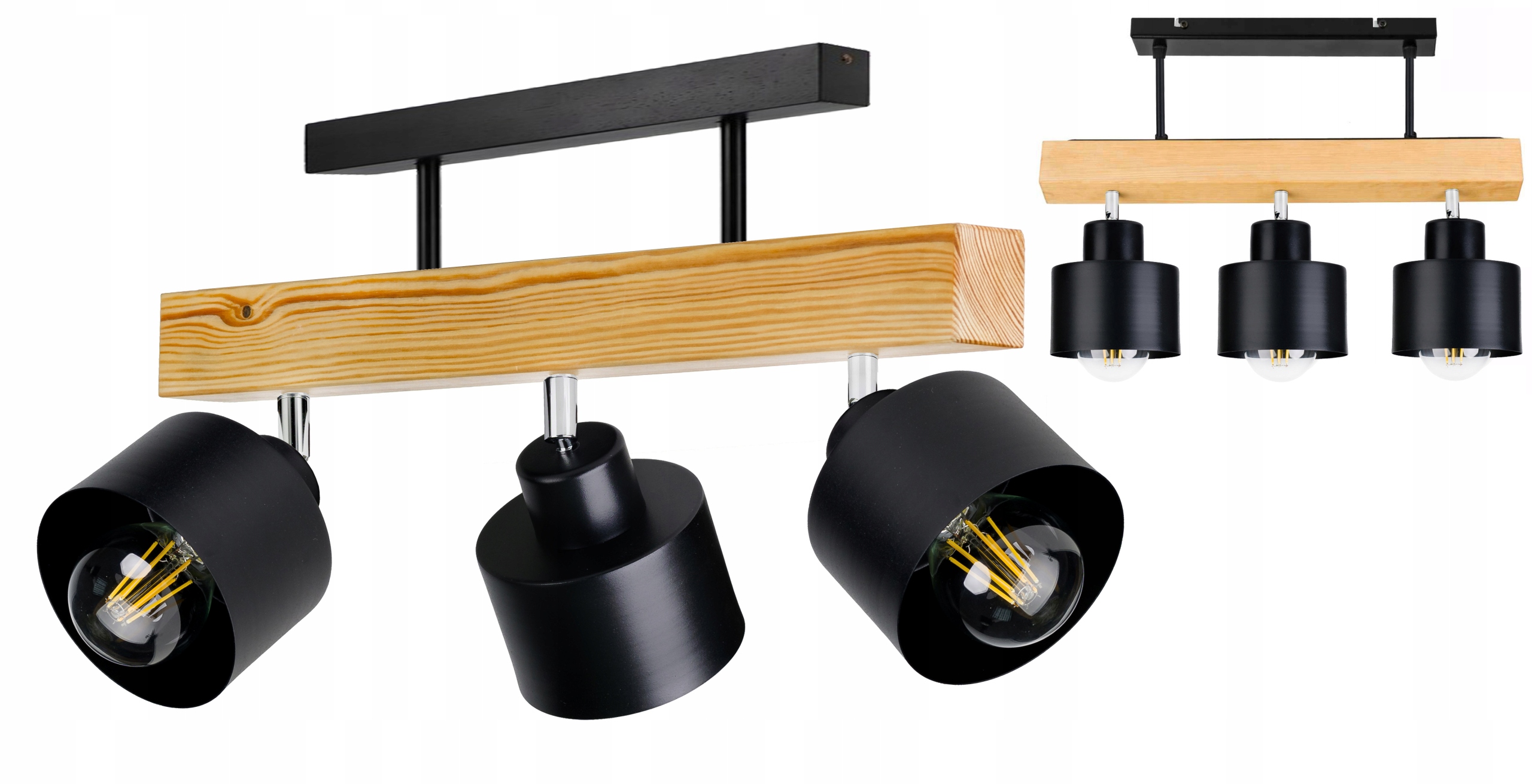 Lampa drewniana belka sufitowa Żyrandol Plafon Loft Czarny na 3x Klosz E27