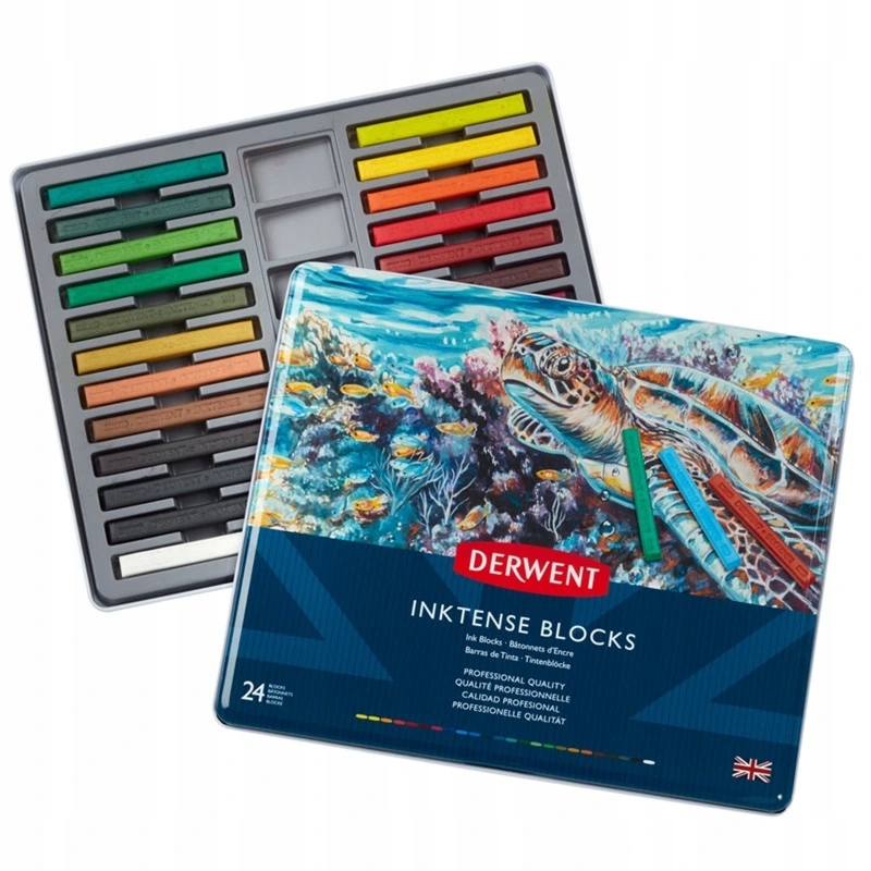 Akvarelové pastely Derwent Inktense Blocks, 24ks v kovové krabičce