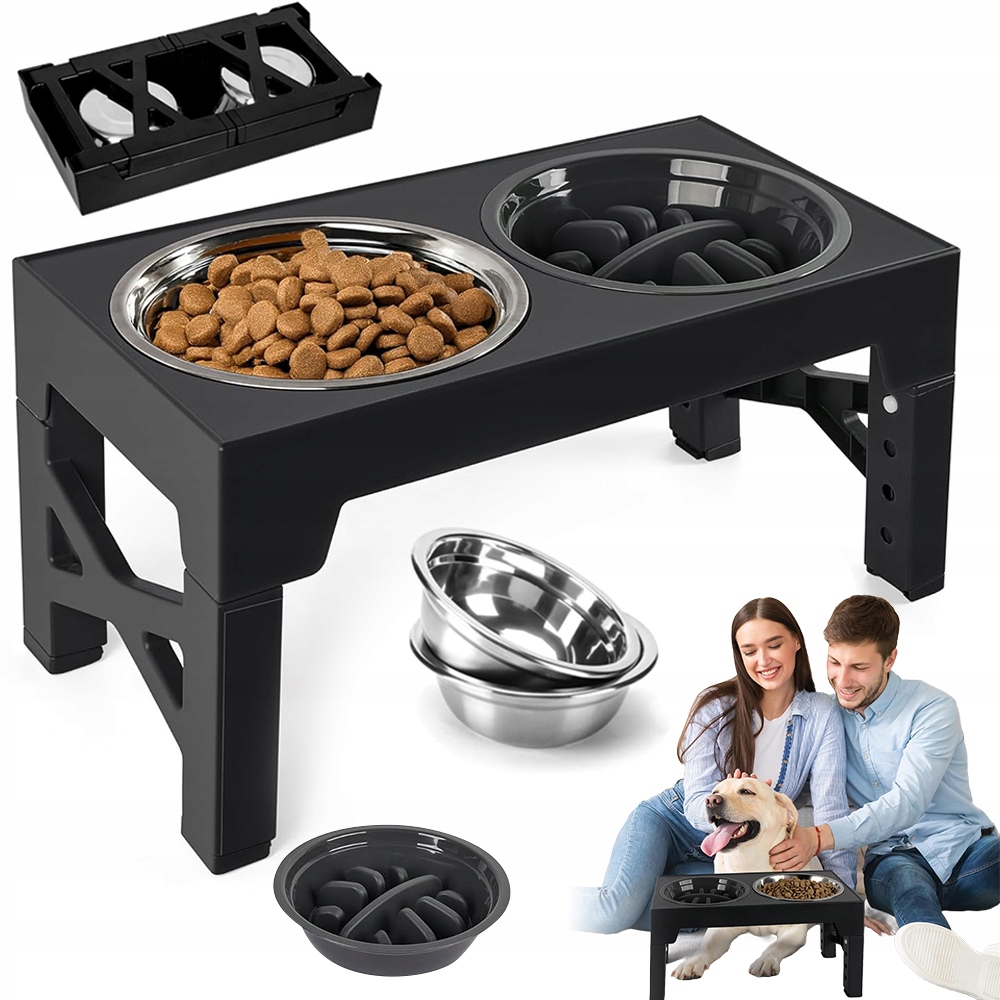 Levně Regulovatelný Stojan Na Misky Pro Psy S Nerezovými A Zpomalovacími Miskami