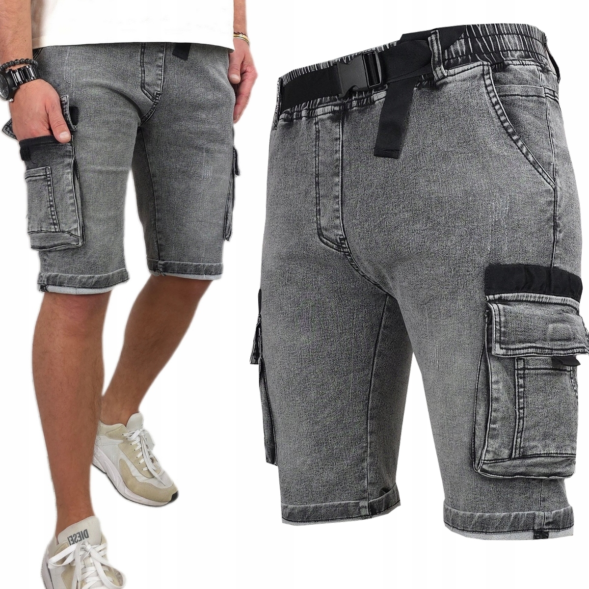 Spodenki męskie Jeansowe Bojówki krótkie spodnie rozciągliwe Pas z Gumką, M