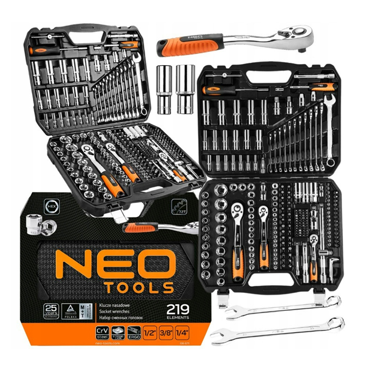 Nástrčné Kľúče Neo Tools 1/2", 3/8", 1/4", Sada 219 Kusov