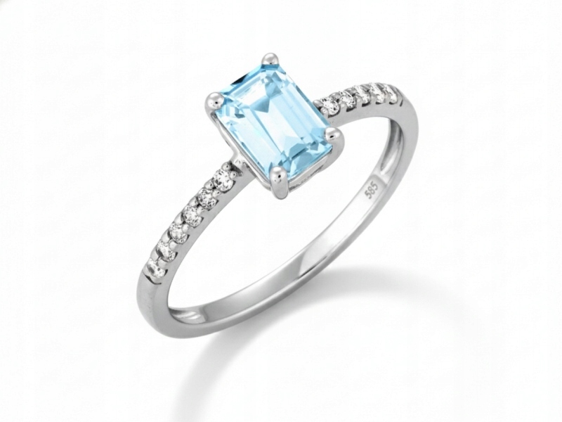 Prstýnek z bílého zlata 585 s modrým Topazem zirkony 22r dárek 2g