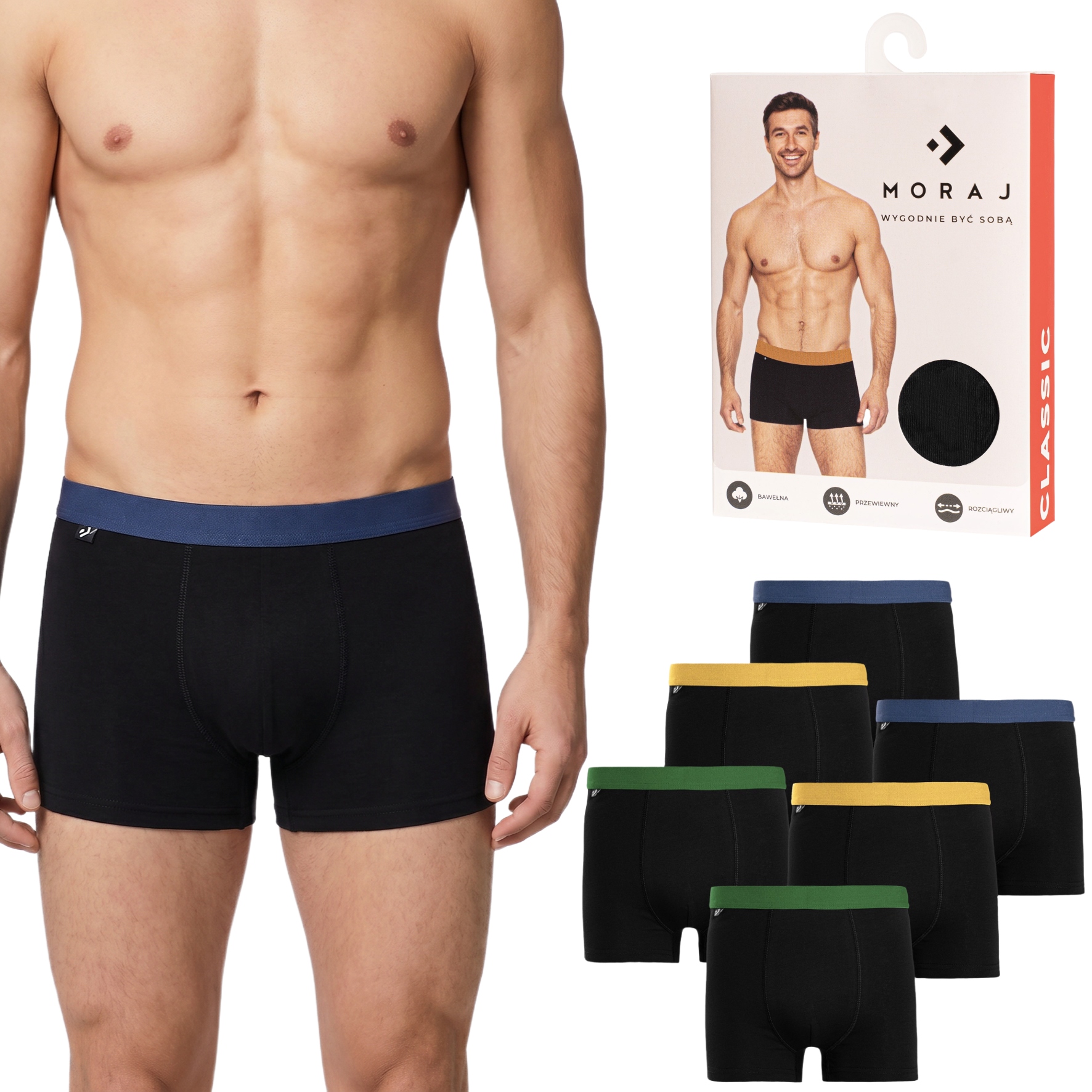 Pánské Pohodlné Boxerky Moraj Bavlna Barevný Akcent Černé Set 6x XXL